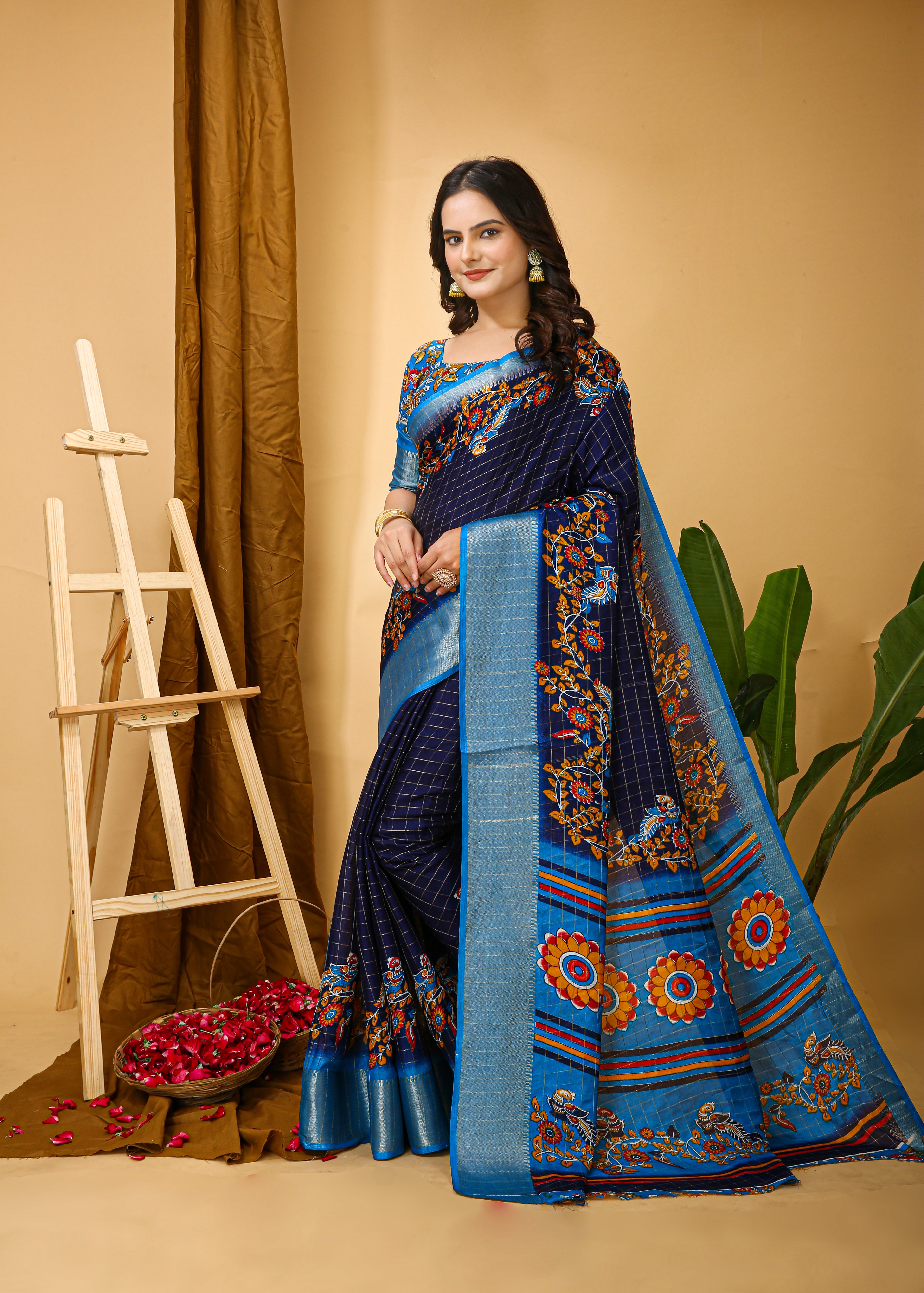 Navy Blue Soft Dola Cotton Kalamkari Saree with Jacquard Kanjivaram Zari Border