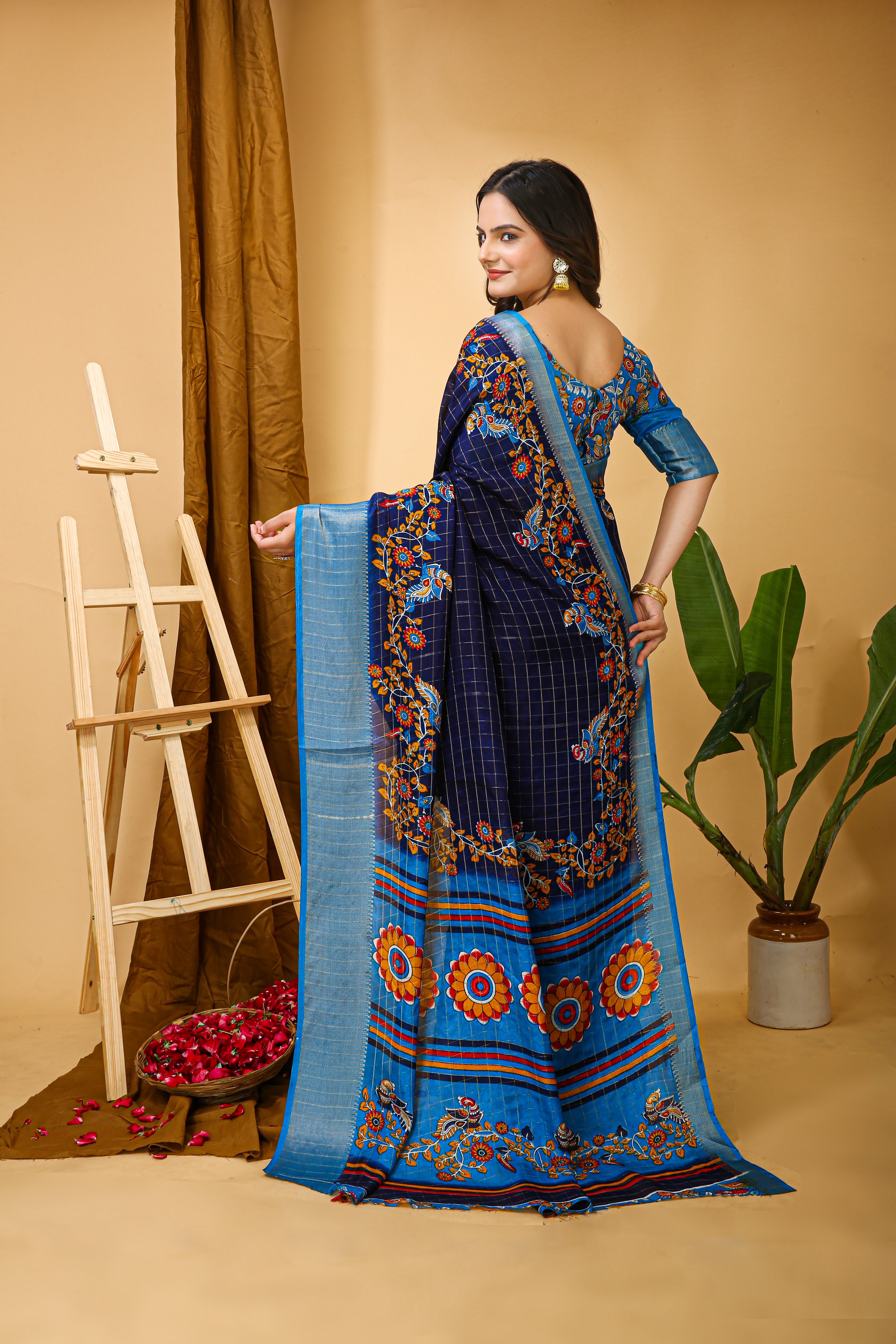 Navy Blue Soft Dola Cotton Kalamkari Saree with Jacquard Kanjivaram Zari Border