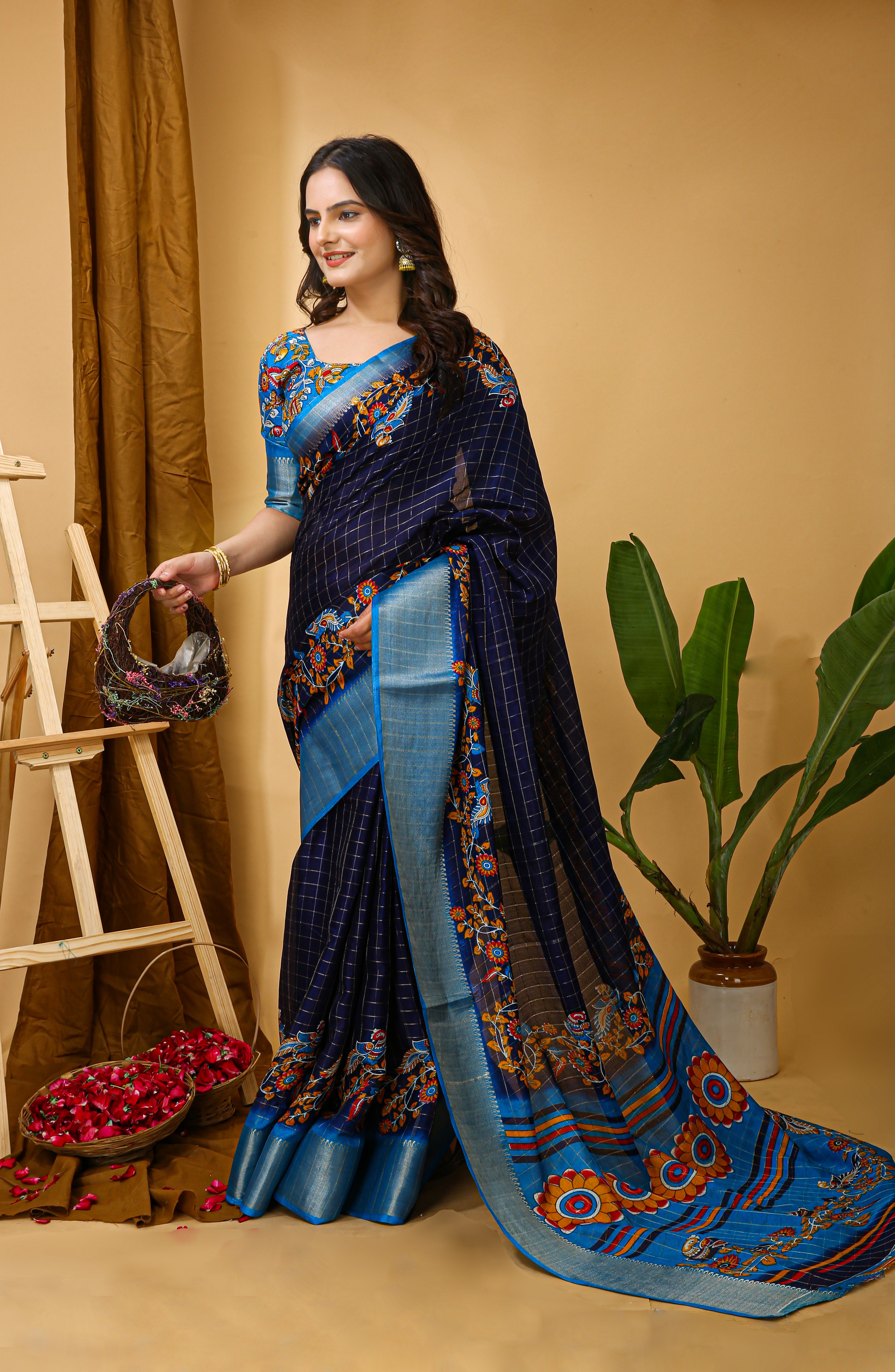 Navy Blue Soft Dola Cotton Kalamkari Saree with Jacquard Kanjivaram Zari Border