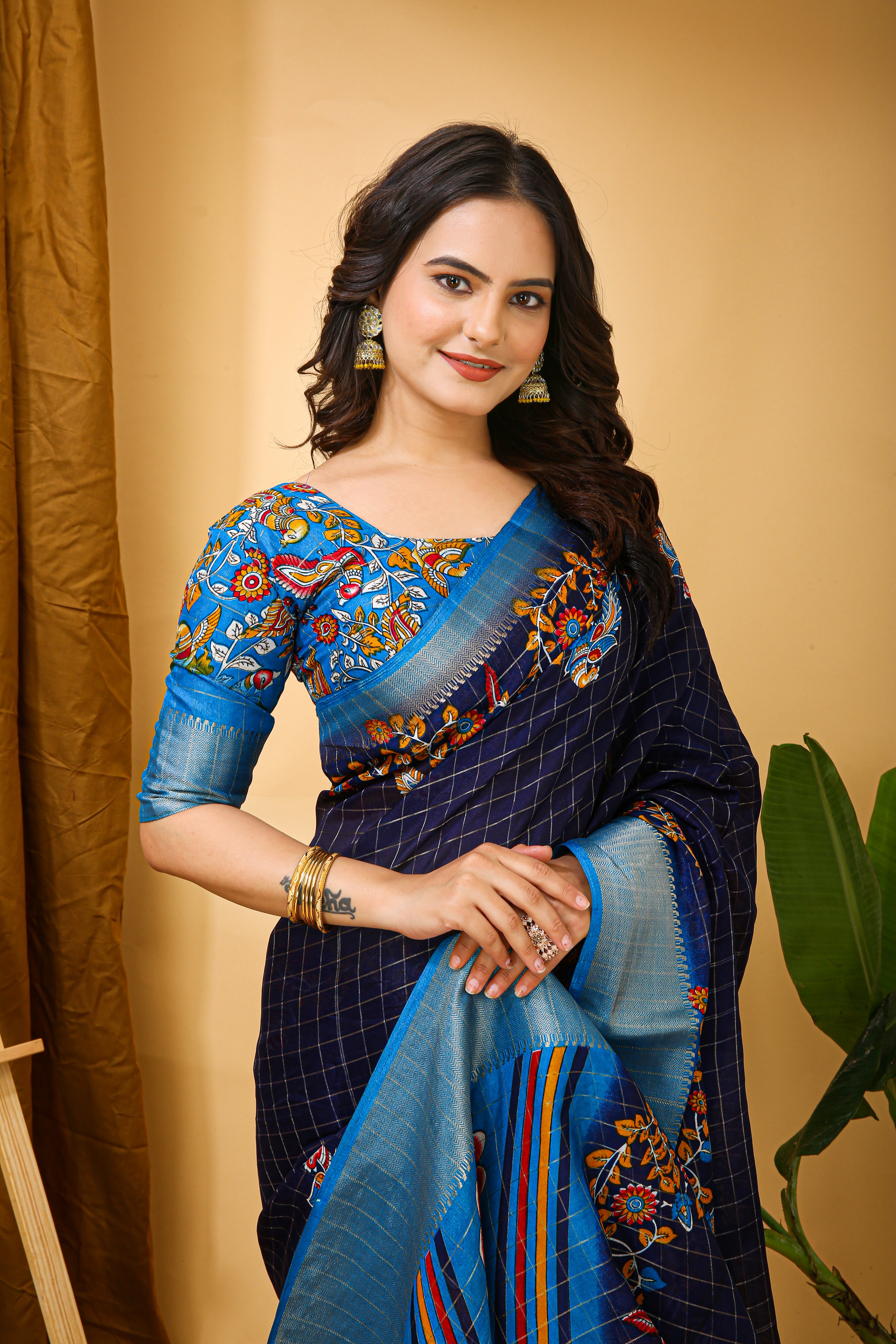 Navy Blue Soft Dola Cotton Kalamkari Saree with Jacquard Kanjivaram Zari Border