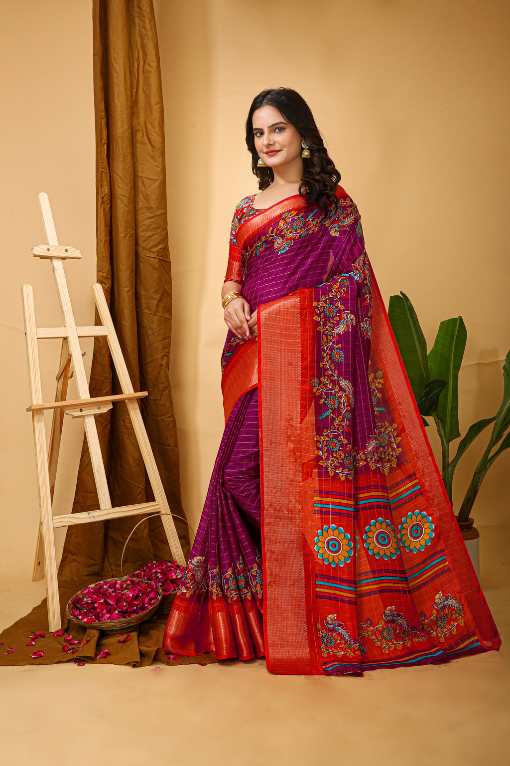 Wine Purple Soft Dola Cotton Kalamkari Saree with Jacquard Kanjivaram Zari Border