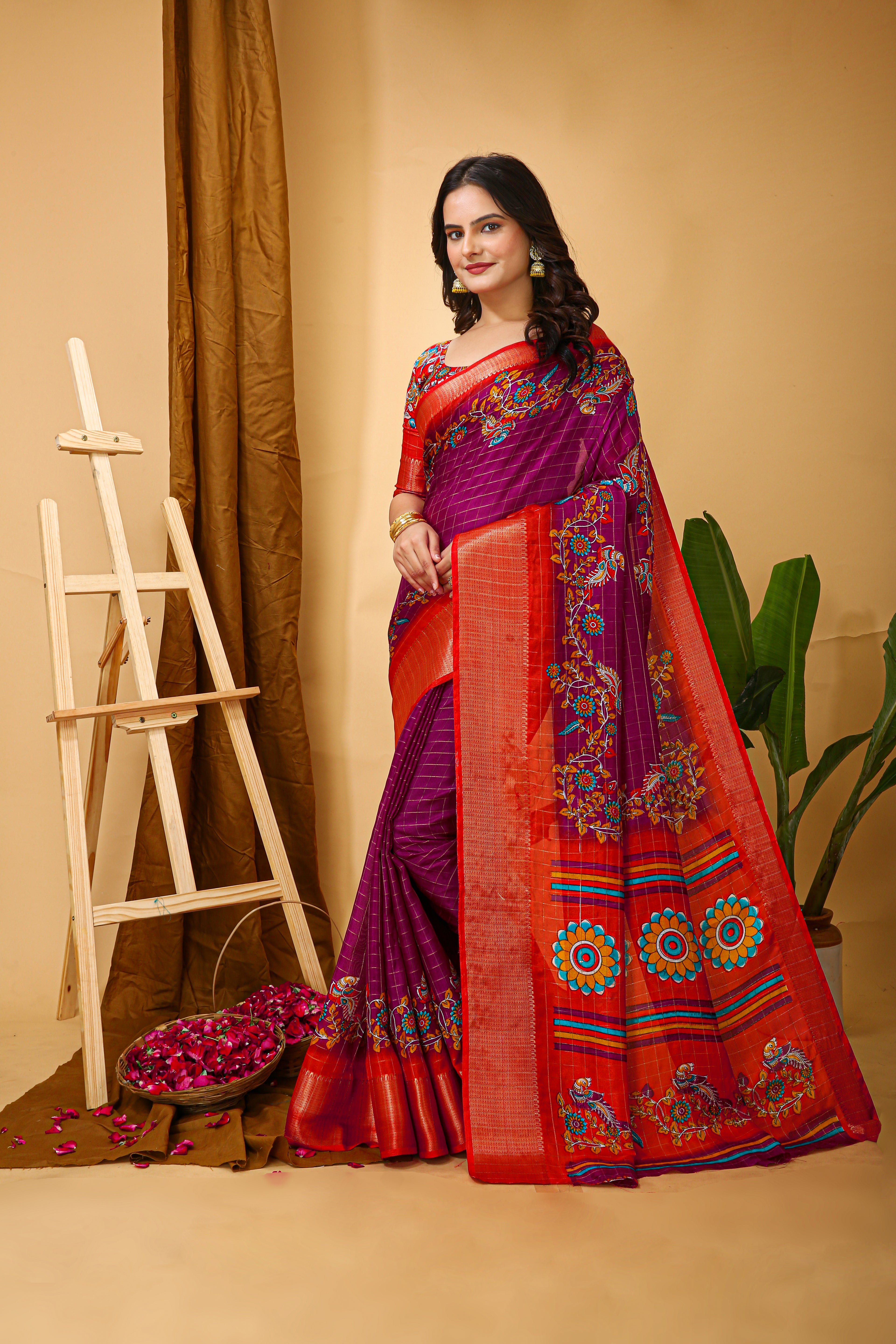 Wine Purple Soft Dola Cotton Kalamkari Saree with Jacquard Kanjivaram Zari Border