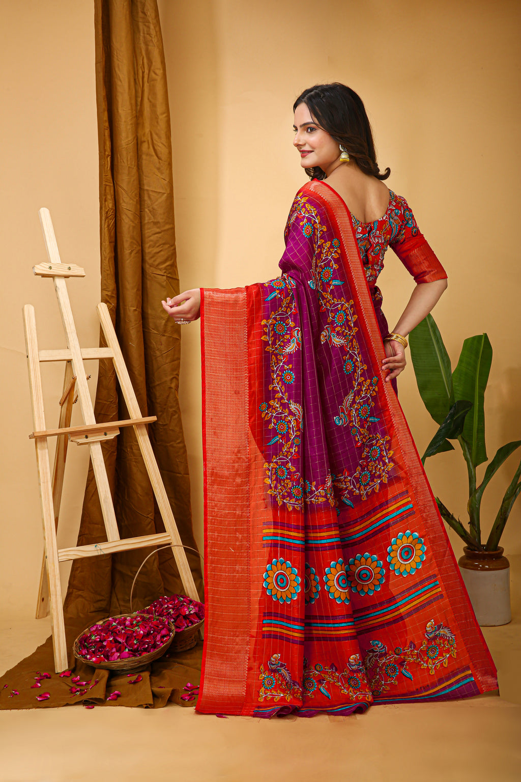 Wine Purple Soft Dola Cotton Kalamkari Saree with Jacquard Kanjivaram Zari Border