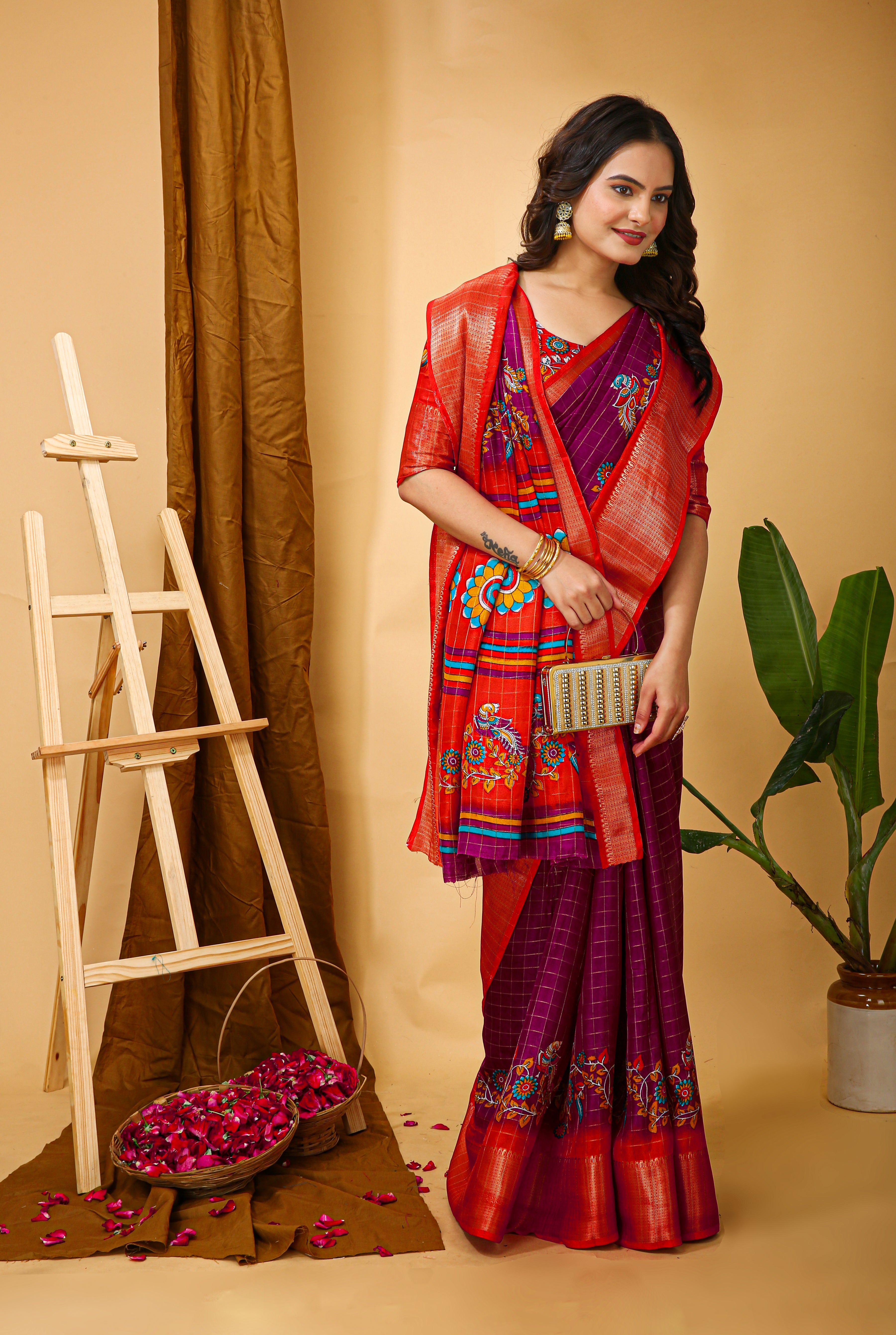 Wine Purple Soft Dola Cotton Kalamkari Saree with Jacquard Kanjivaram Zari Border