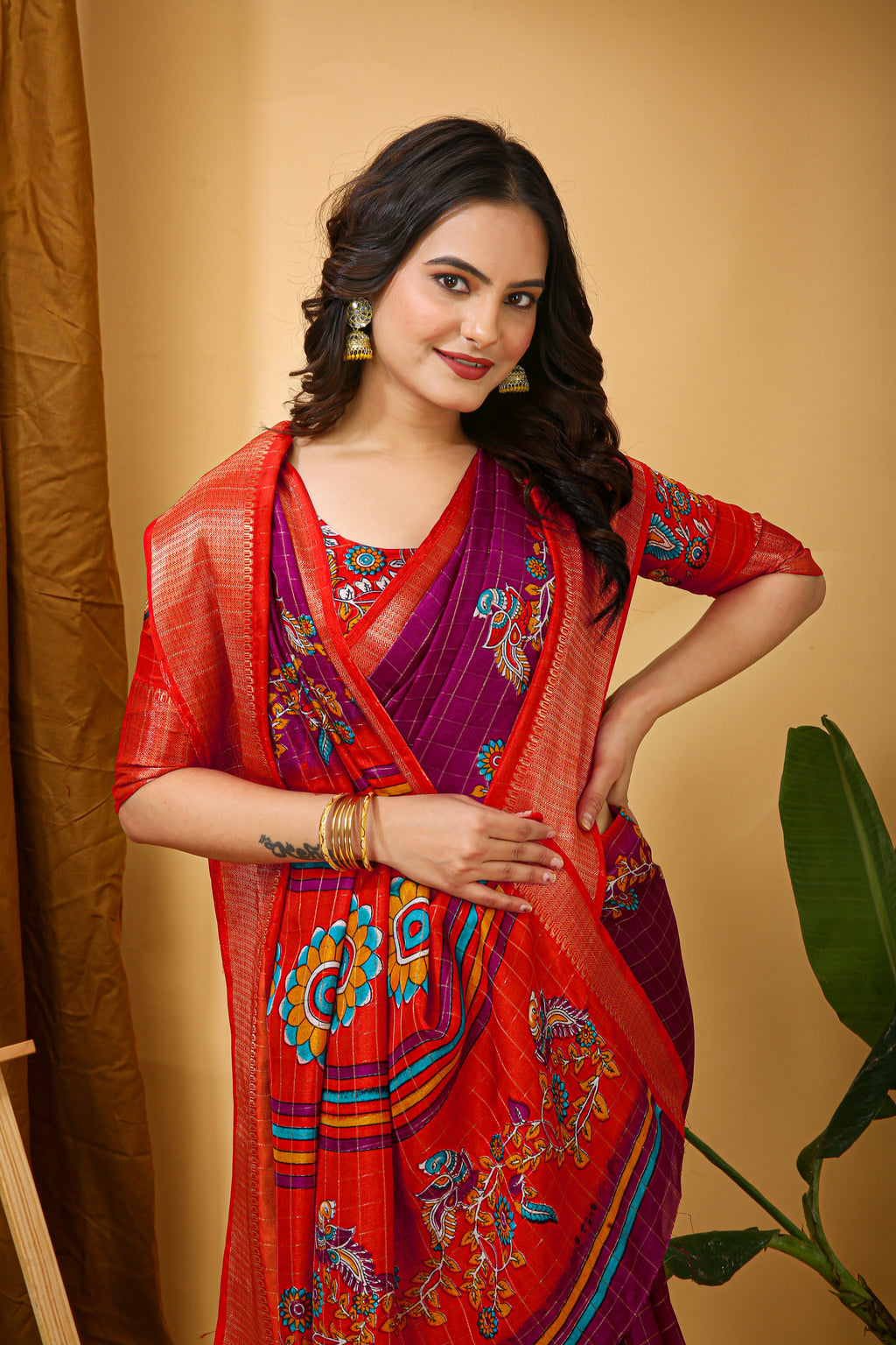 Wine Purple Soft Dola Cotton Kalamkari Saree with Jacquard Kanjivaram Zari Border