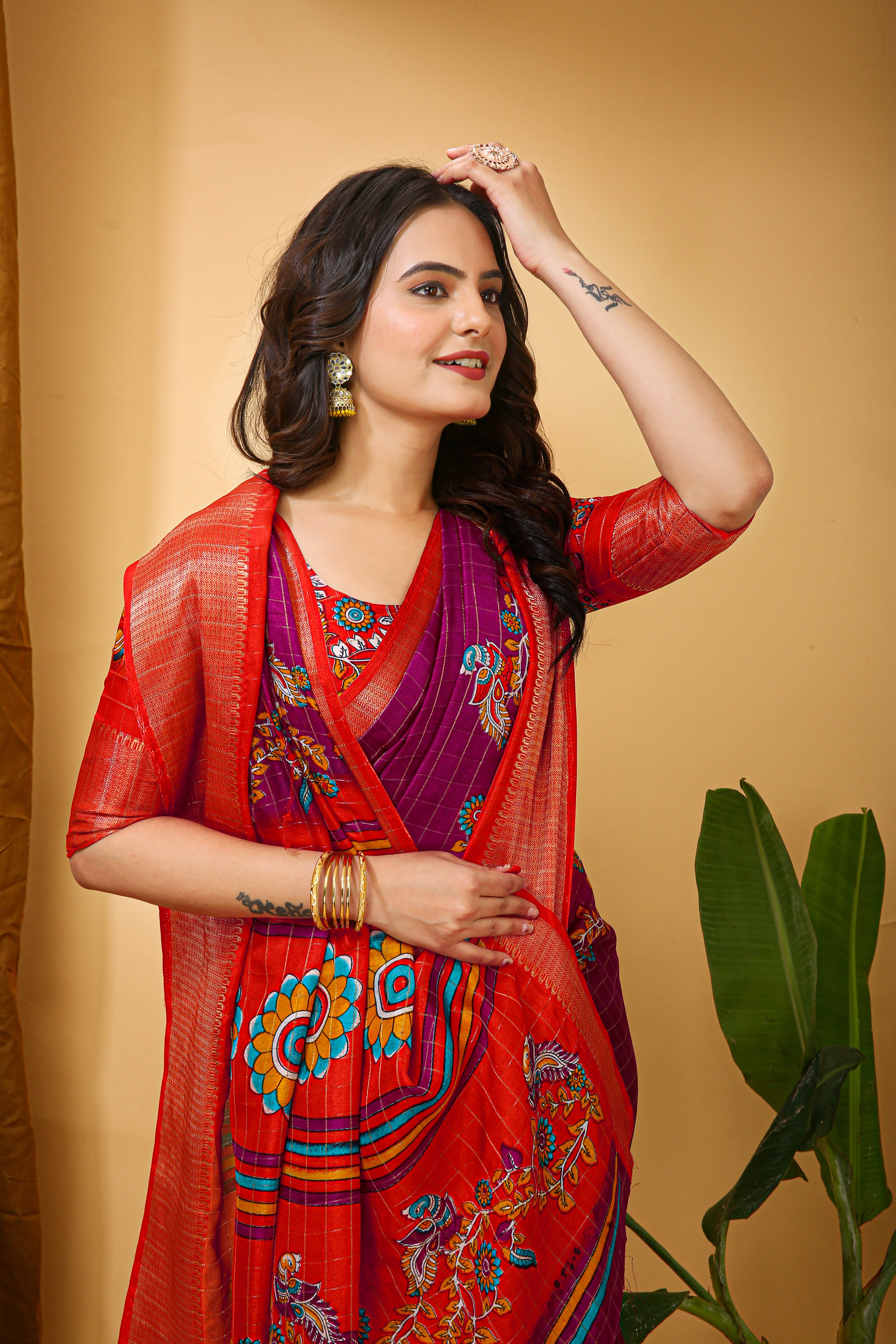 Wine Purple Soft Dola Cotton Kalamkari Saree with Jacquard Kanjivaram Zari Border