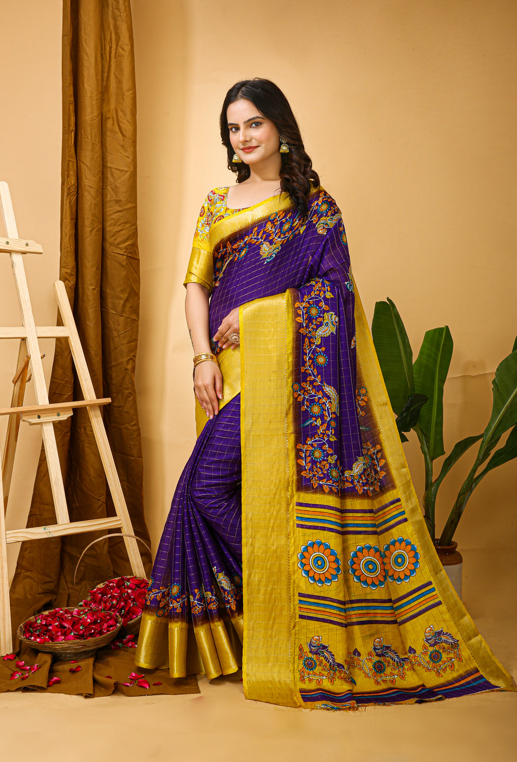 Blue Kalamkari Print Saree with Jacard Kanjivaram Zari Border &  Pallu with Printed Blouse