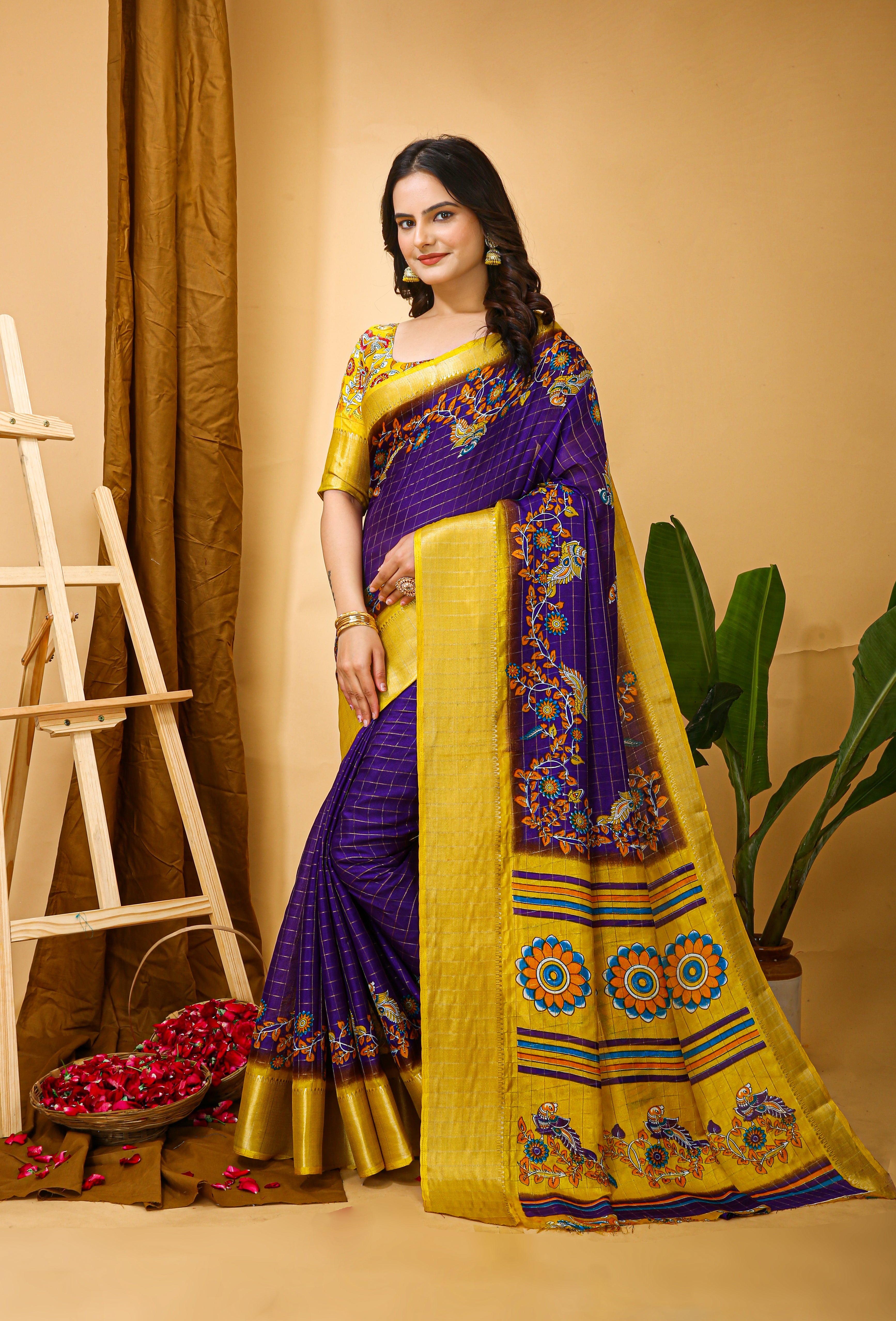 Blue Kalamkari Print Saree with Jacard Kanjivaram Zari Border &  Pallu with Printed Blouse