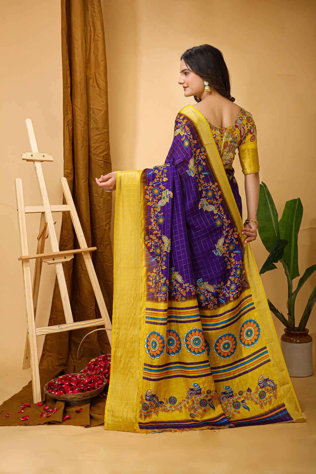 Blue Kalamkari Print Saree with Jacard Kanjivaram Zari Border &  Pallu with Printed Blouse