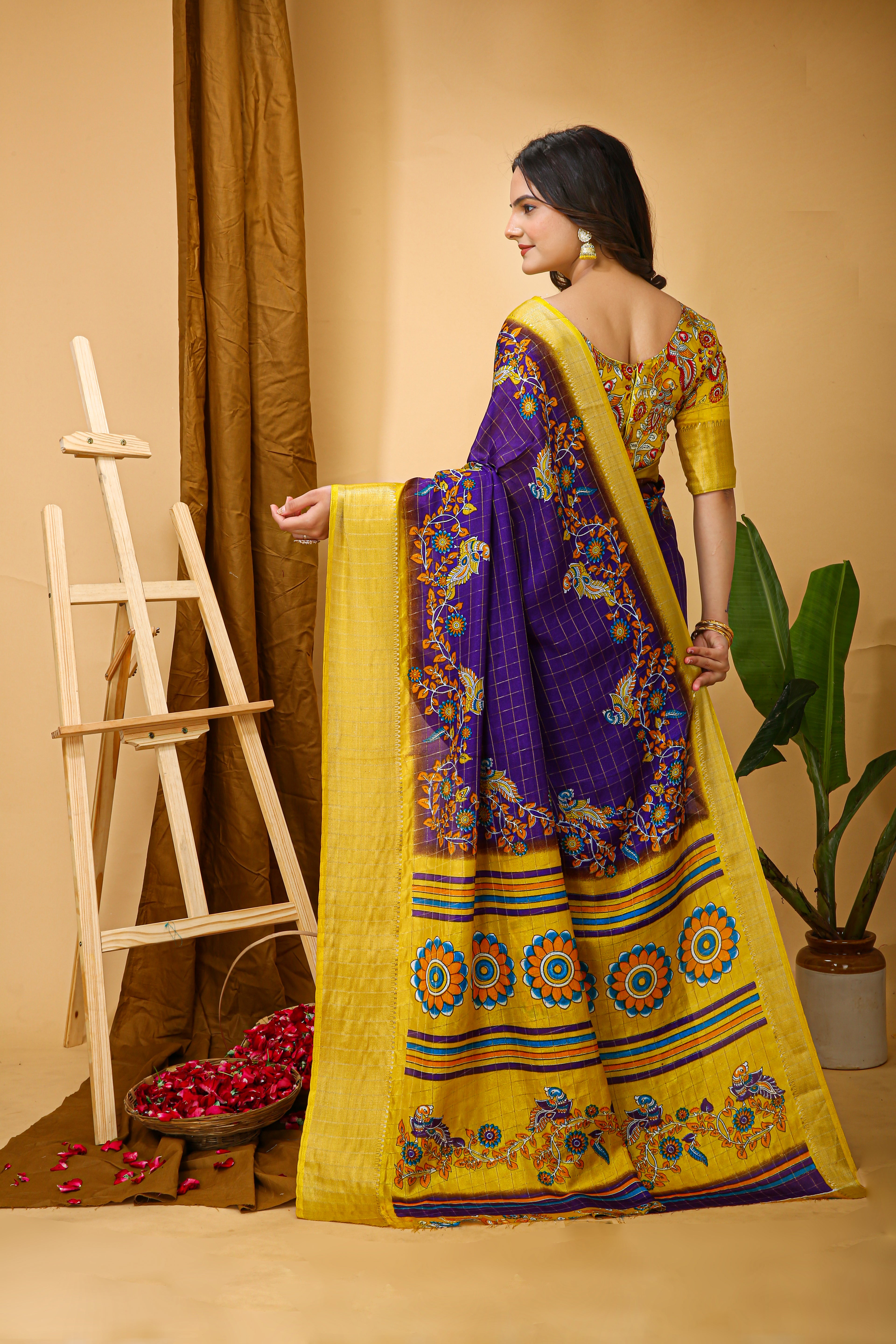 Blue Kalamkari Print Saree with Jacard Kanjivaram Zari Border &  Pallu with Printed Blouse