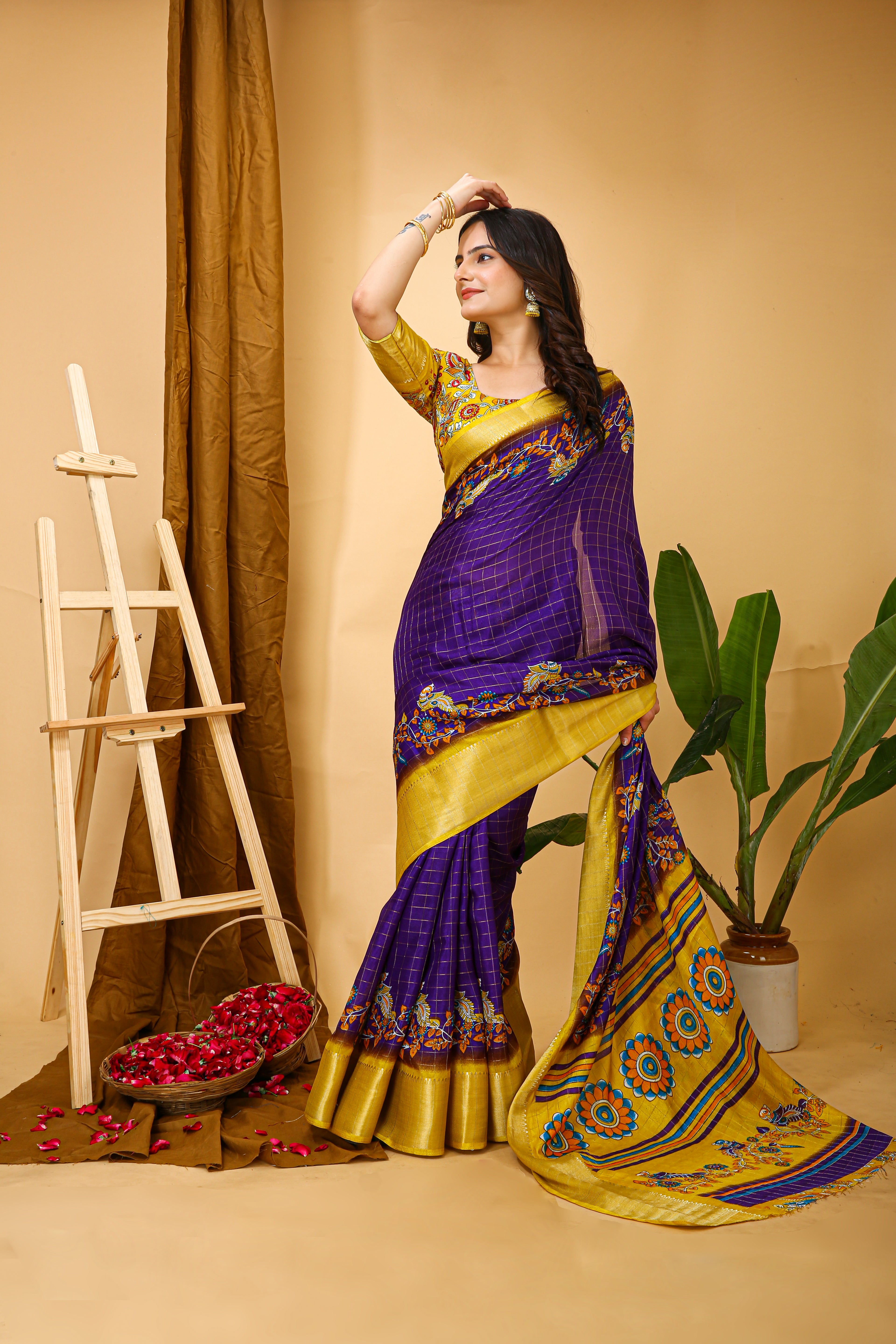 Blue Kalamkari Print Saree with Jacard Kanjivaram Zari Border &  Pallu with Printed Blouse