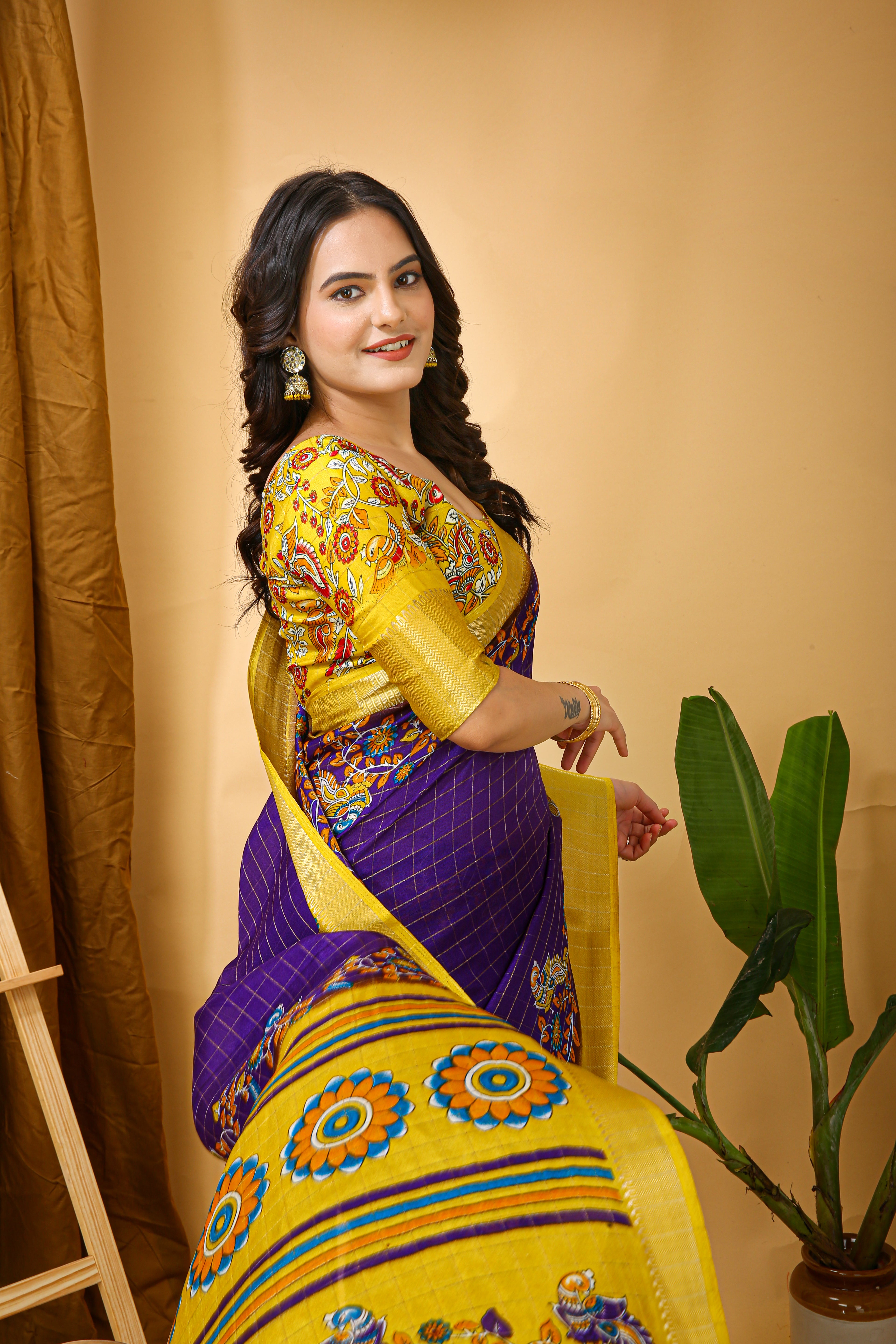 Blue Kalamkari Print Saree with Jacard Kanjivaram Zari Border &  Pallu with Printed Blouse