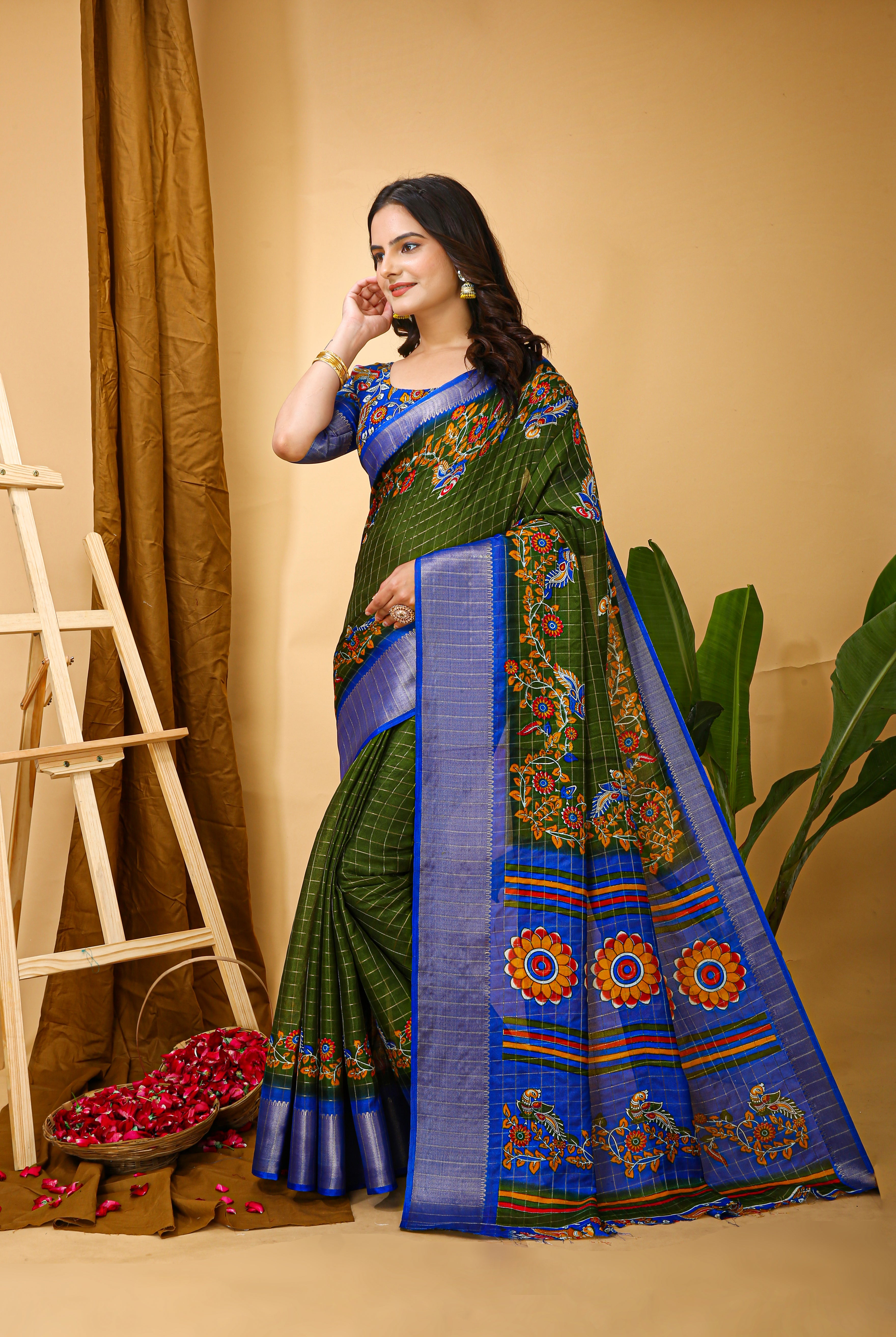 Green Kalamkari Print Saree with Jacard Kanjivaram Zari Border &  Pallu with Printed Blouse