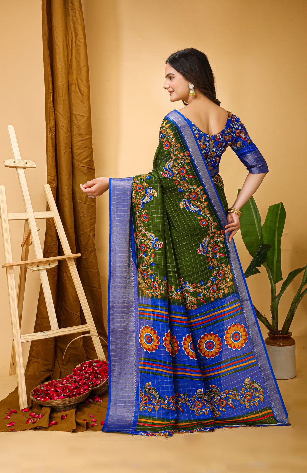 Green Kalamkari Print Saree with Jacard Kanjivaram Zari Border &  Pallu with Printed Blouse