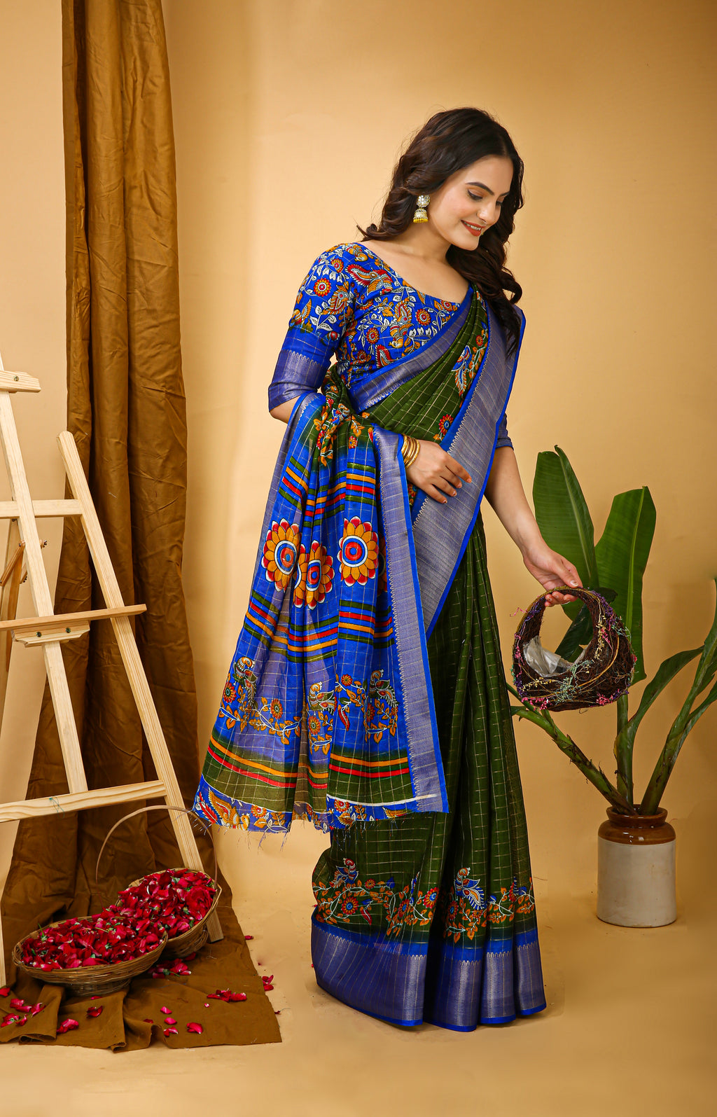 Green Kalamkari Print Saree with Jacard Kanjivaram Zari Border &  Pallu with Printed Blouse