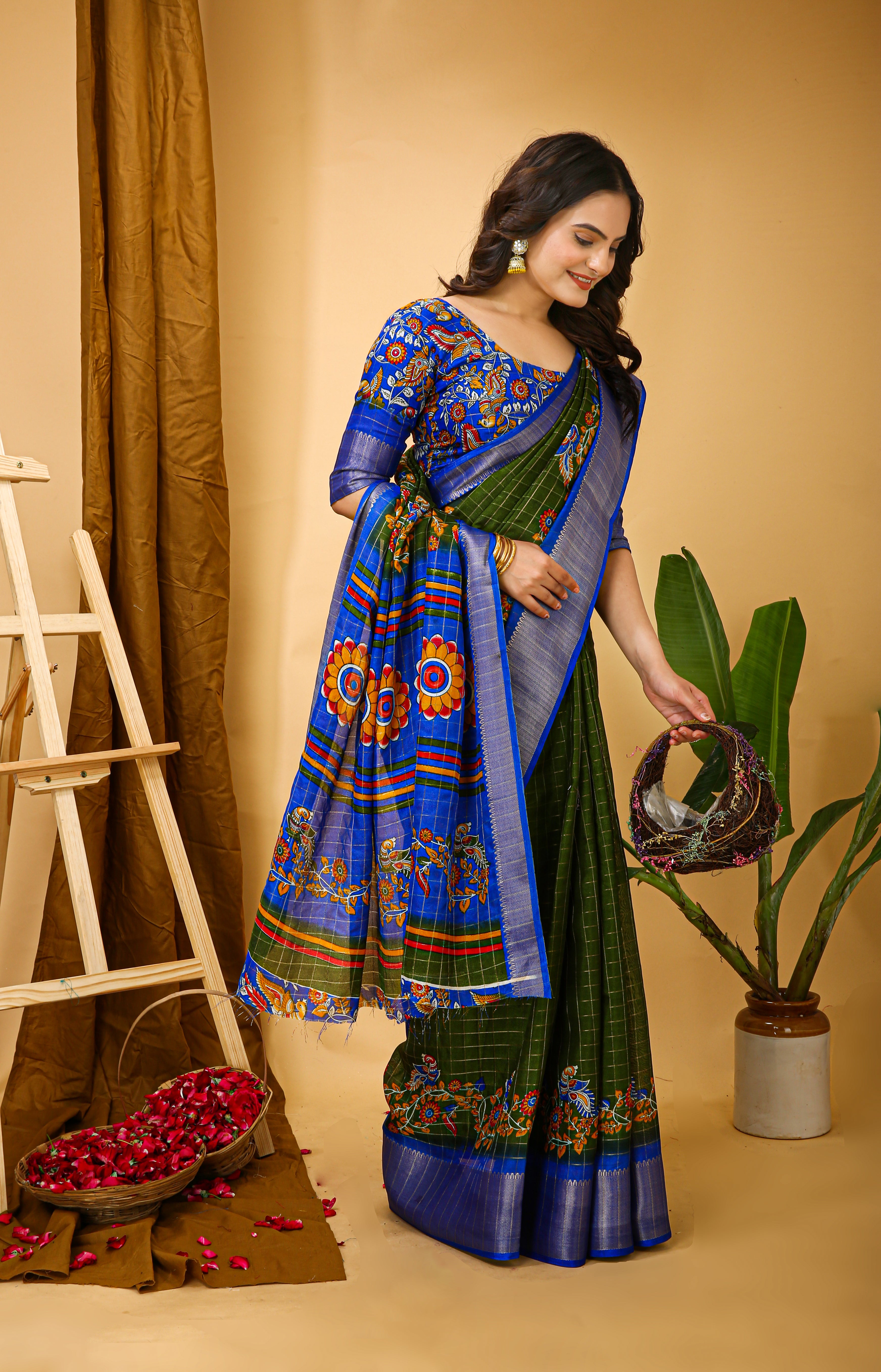 Green Kalamkari Print Saree with Jacard Kanjivaram Zari Border &  Pallu with Printed Blouse