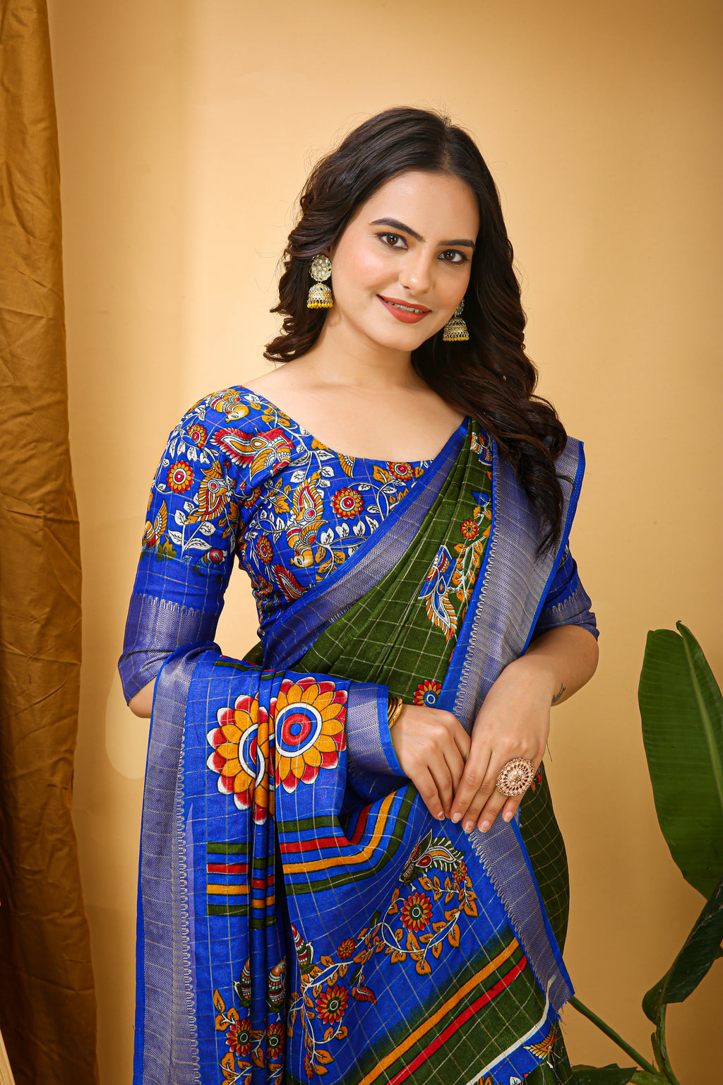 Green Kalamkari Print Saree with Jacard Kanjivaram Zari Border &  Pallu with Printed Blouse