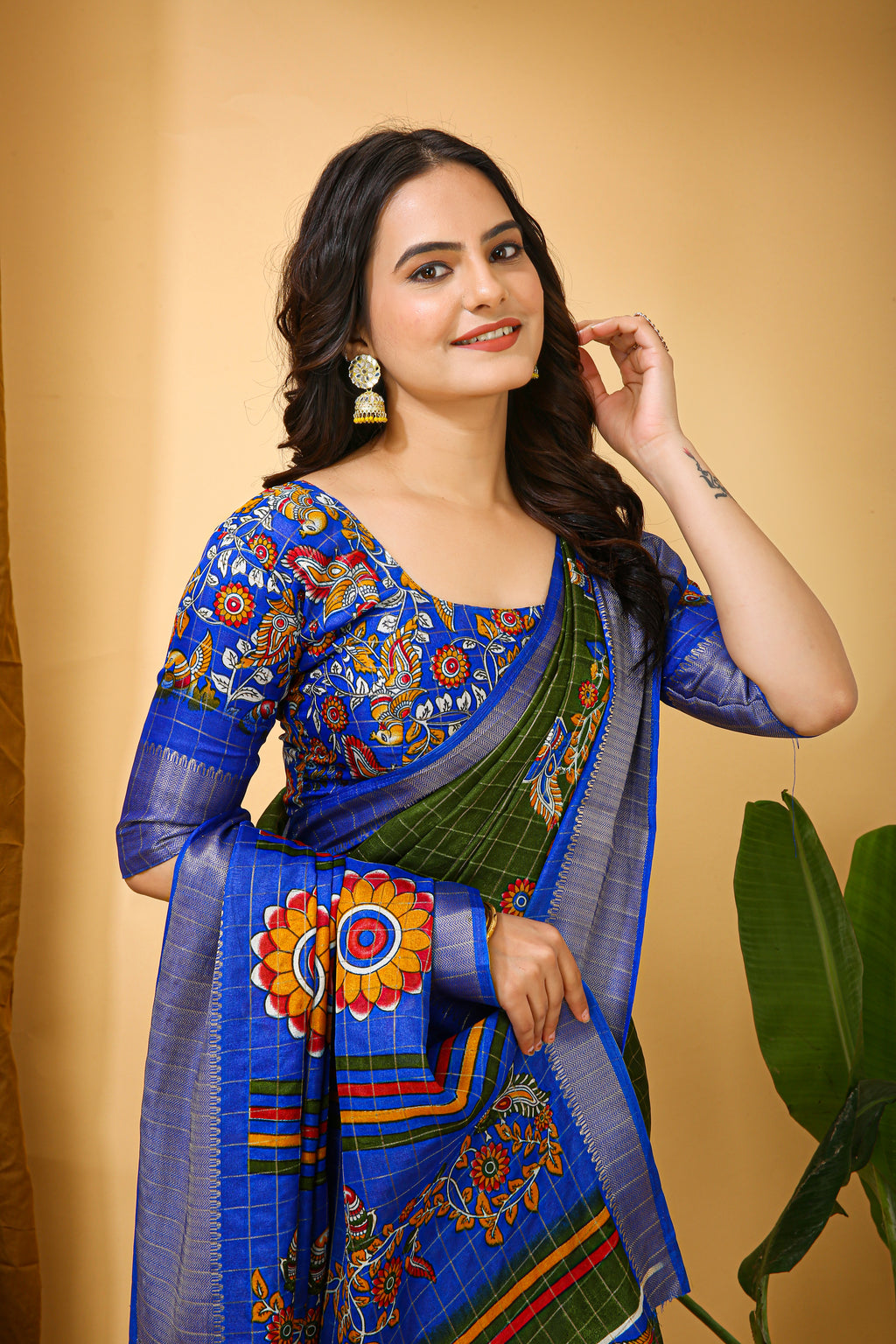 Green Kalamkari Print Saree with Jacard Kanjivaram Zari Border &  Pallu with Printed Blouse