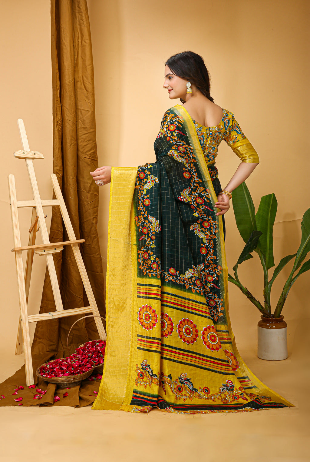 Deep Bottle Green Soft Dola Cotton Kalamkari Saree with Jacquard Kanjivaram Zari Border