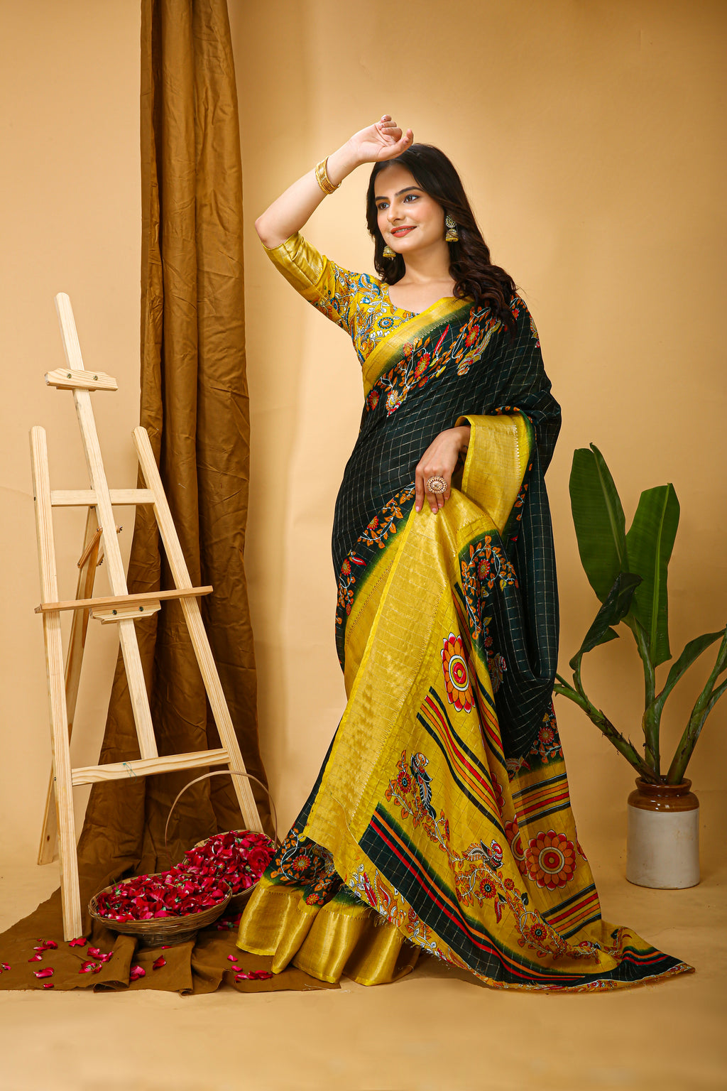 Deep Bottle Green Soft Dola Cotton Kalamkari Saree with Jacquard Kanjivaram Zari Border