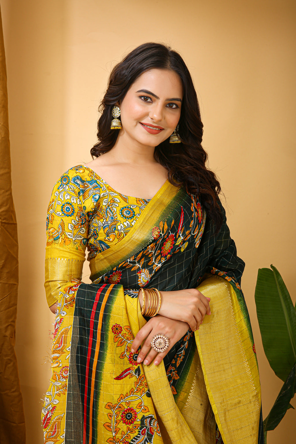 Deep Bottle Green Soft Dola Cotton Kalamkari Saree with Jacquard Kanjivaram Zari Border