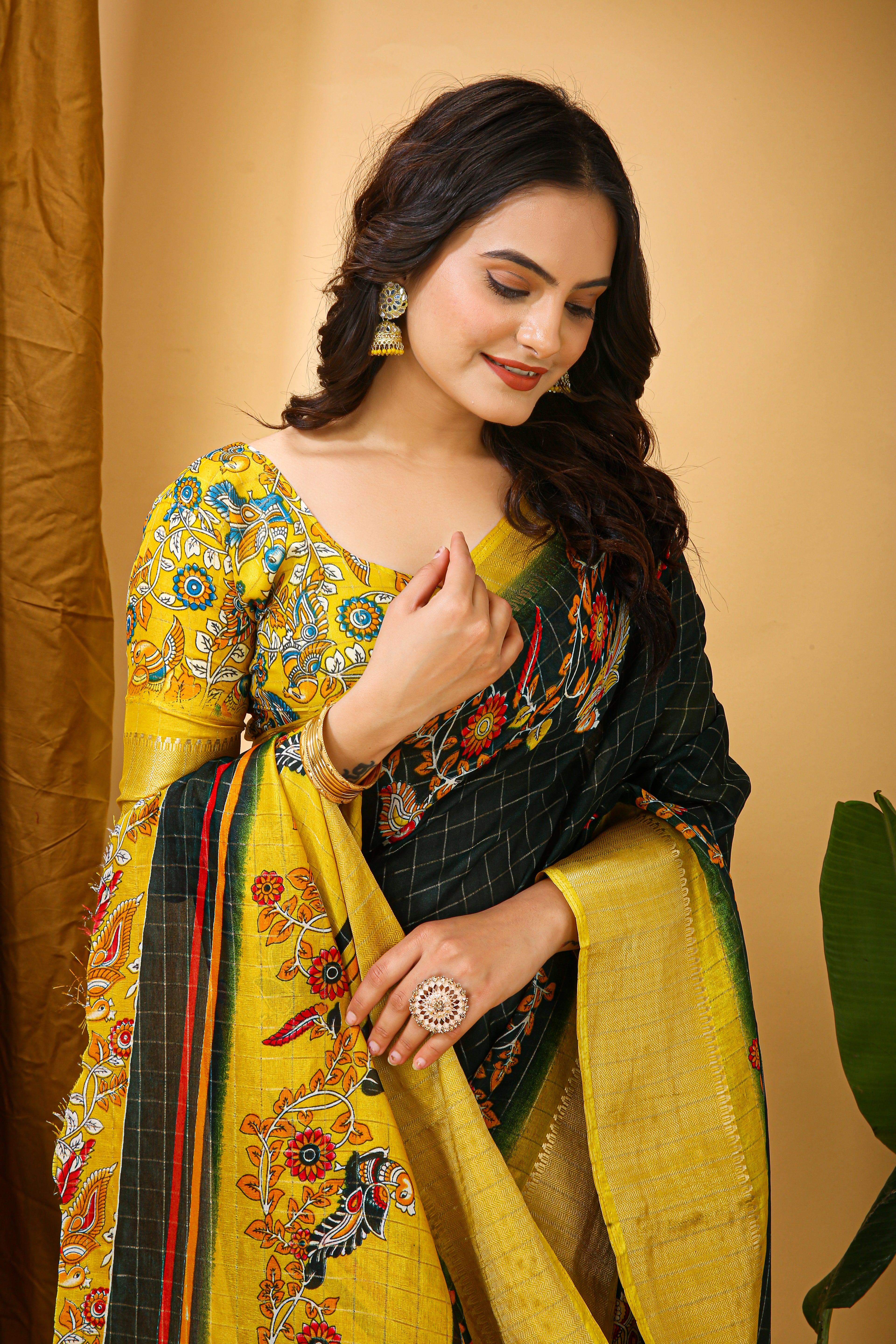 Deep Bottle Green Soft Dola Cotton Kalamkari Saree with Jacquard Kanjivaram Zari Border