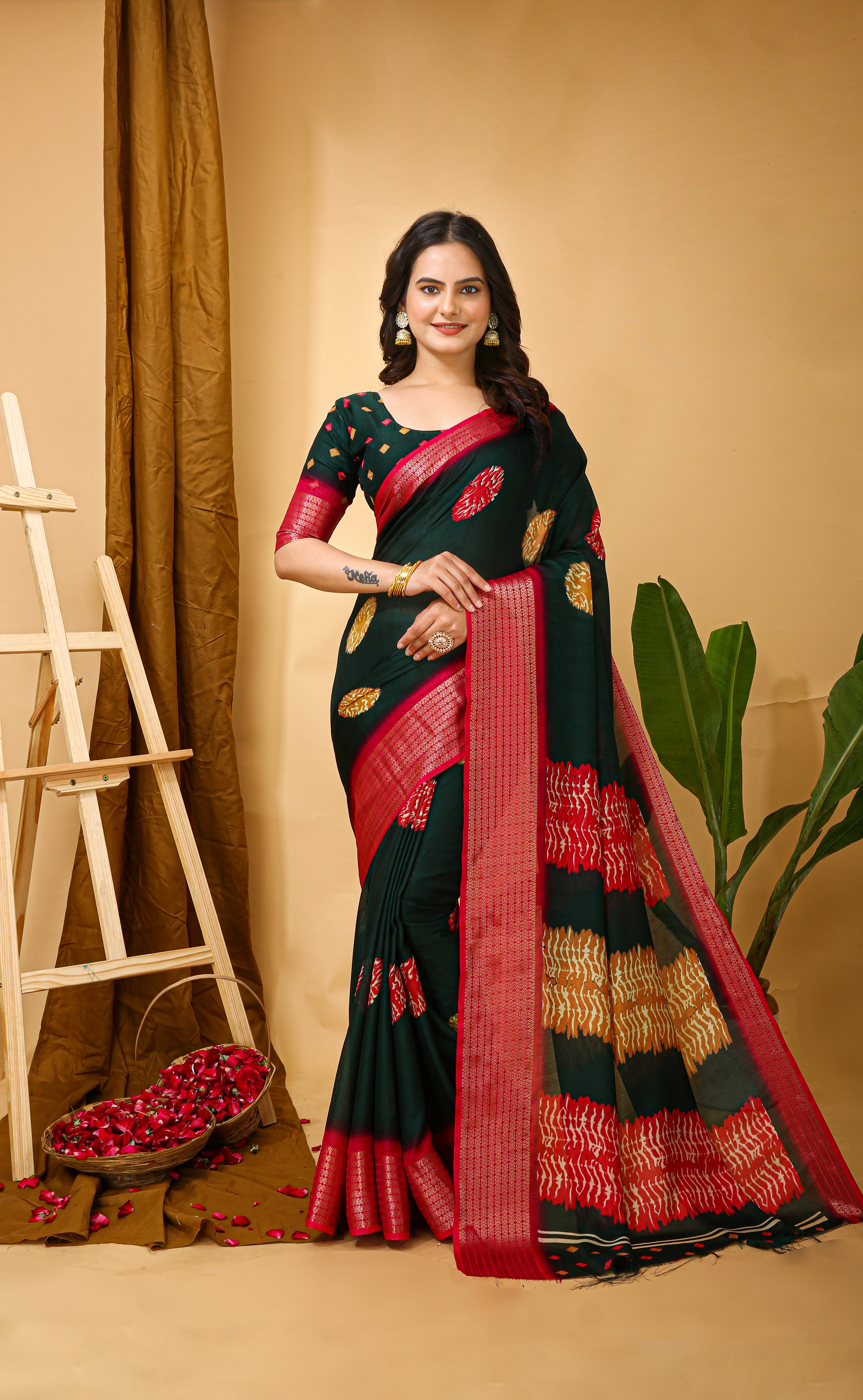 Black Kalamkari Print Saree with Jacard Zari Border & Pallu With Printed Blouse