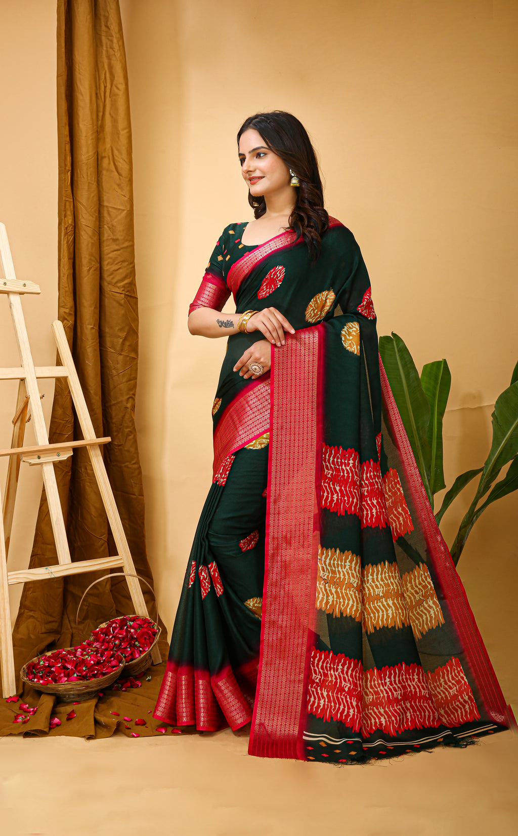 Green Kalamkari Print Saree with Jacard Zari Border & Pallu With Printed Blouse