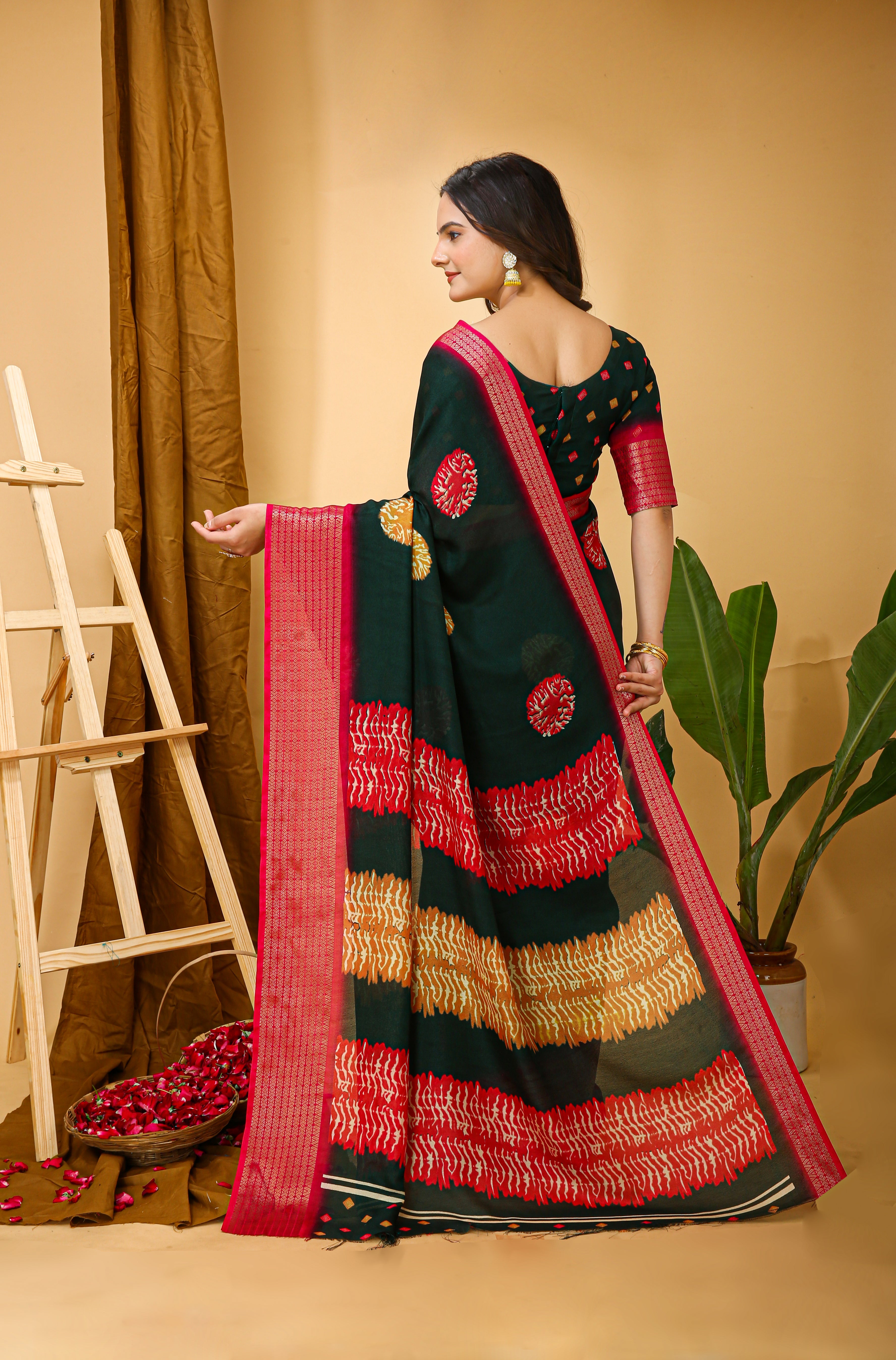 Green Kalamkari Print Saree with Jacard Zari Border & Pallu With Printed Blouse