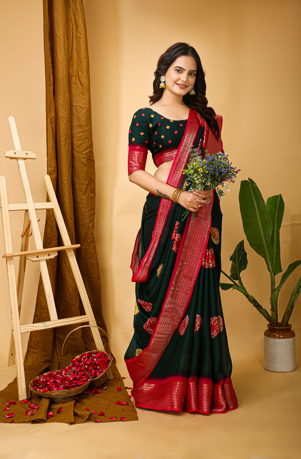 Green Kalamkari Print Saree with Jacard Zari Border & Pallu With Printed Blouse