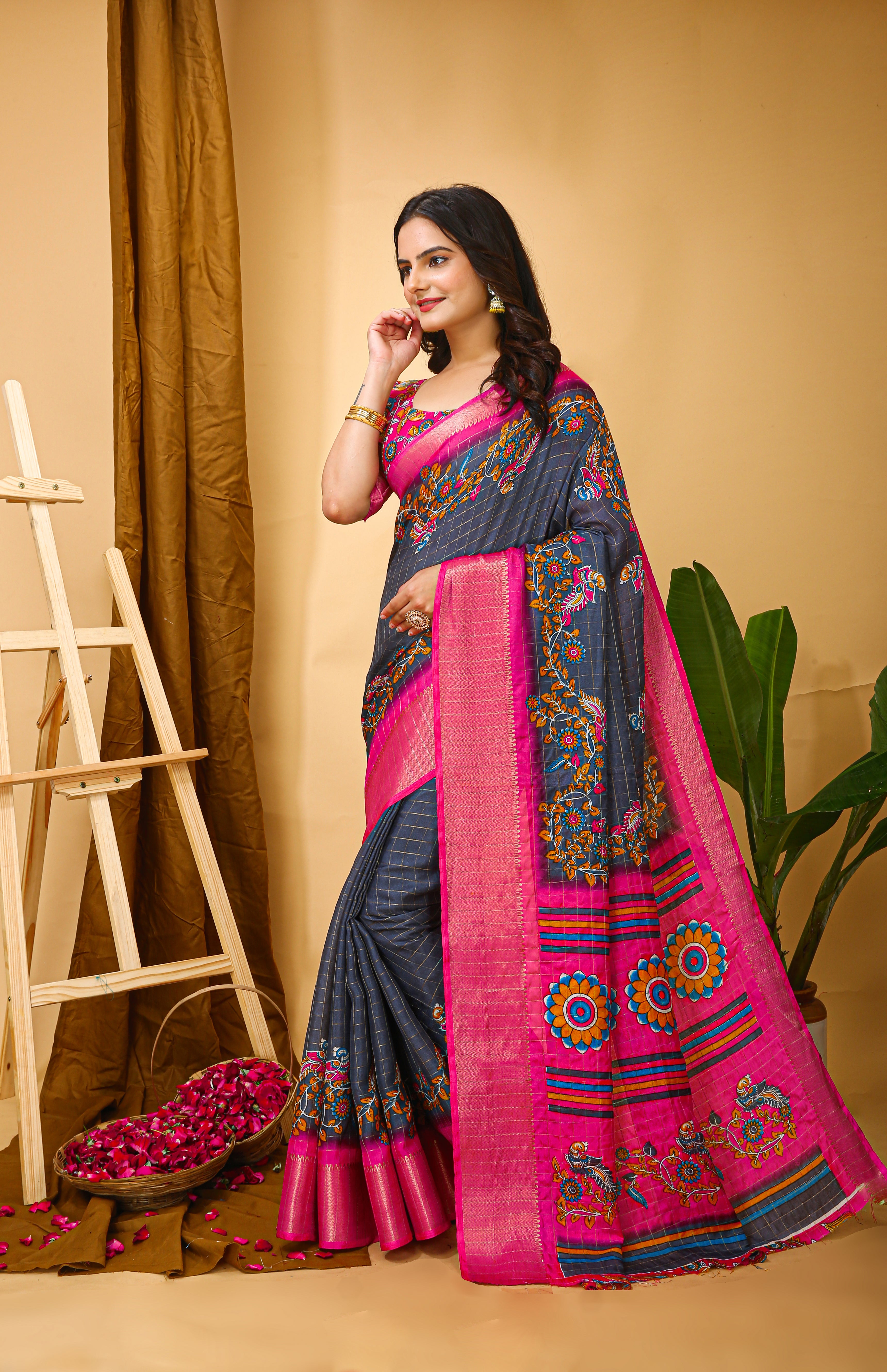 Rama Kalamkari Print Saree with Jacard Kanjivaram Zari Border & Pallu with Printed Blouse
