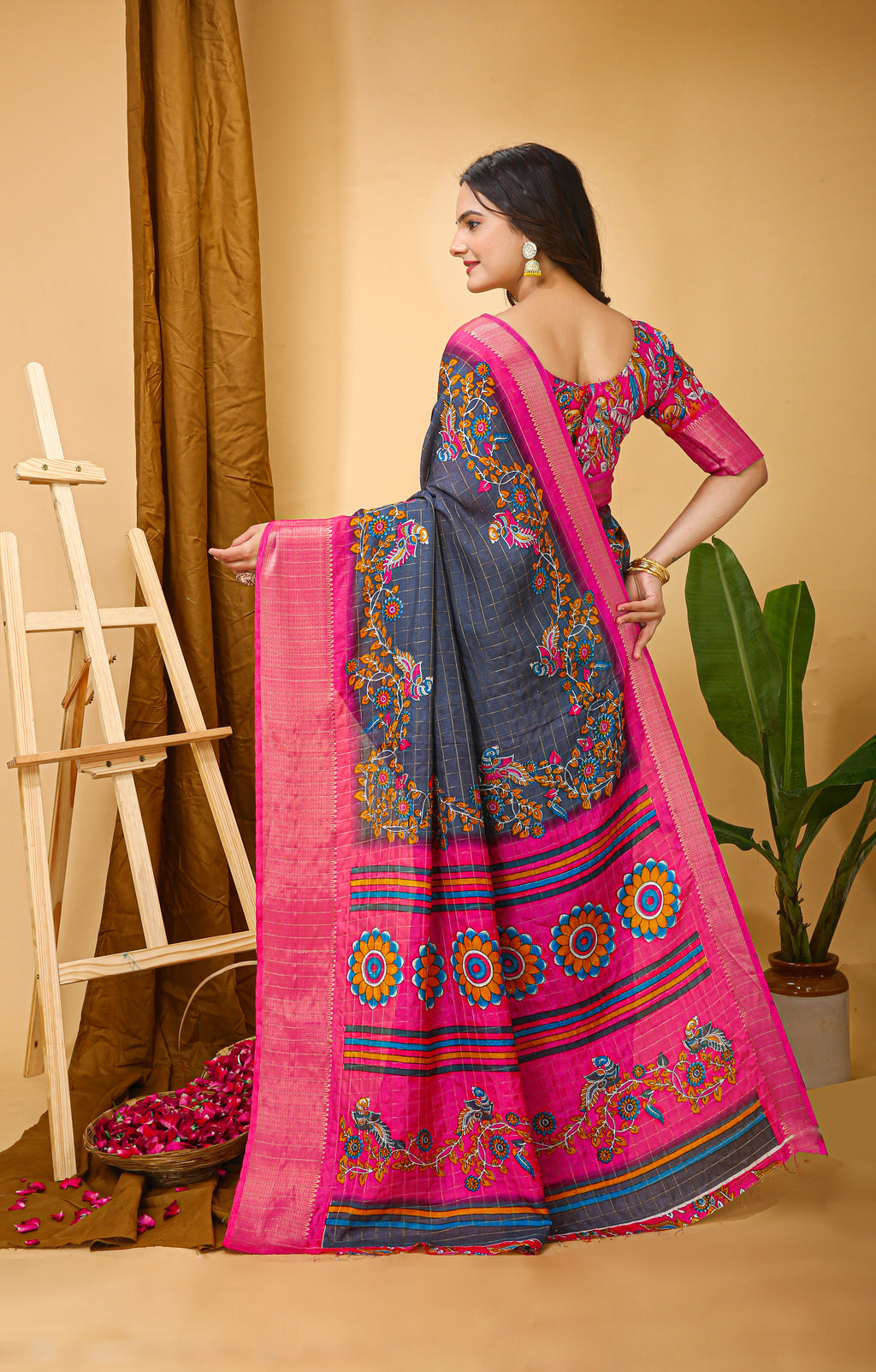 Rama Kalamkari Print Saree with Jacard Kanjivaram Zari Border & Pallu with Printed Blouse