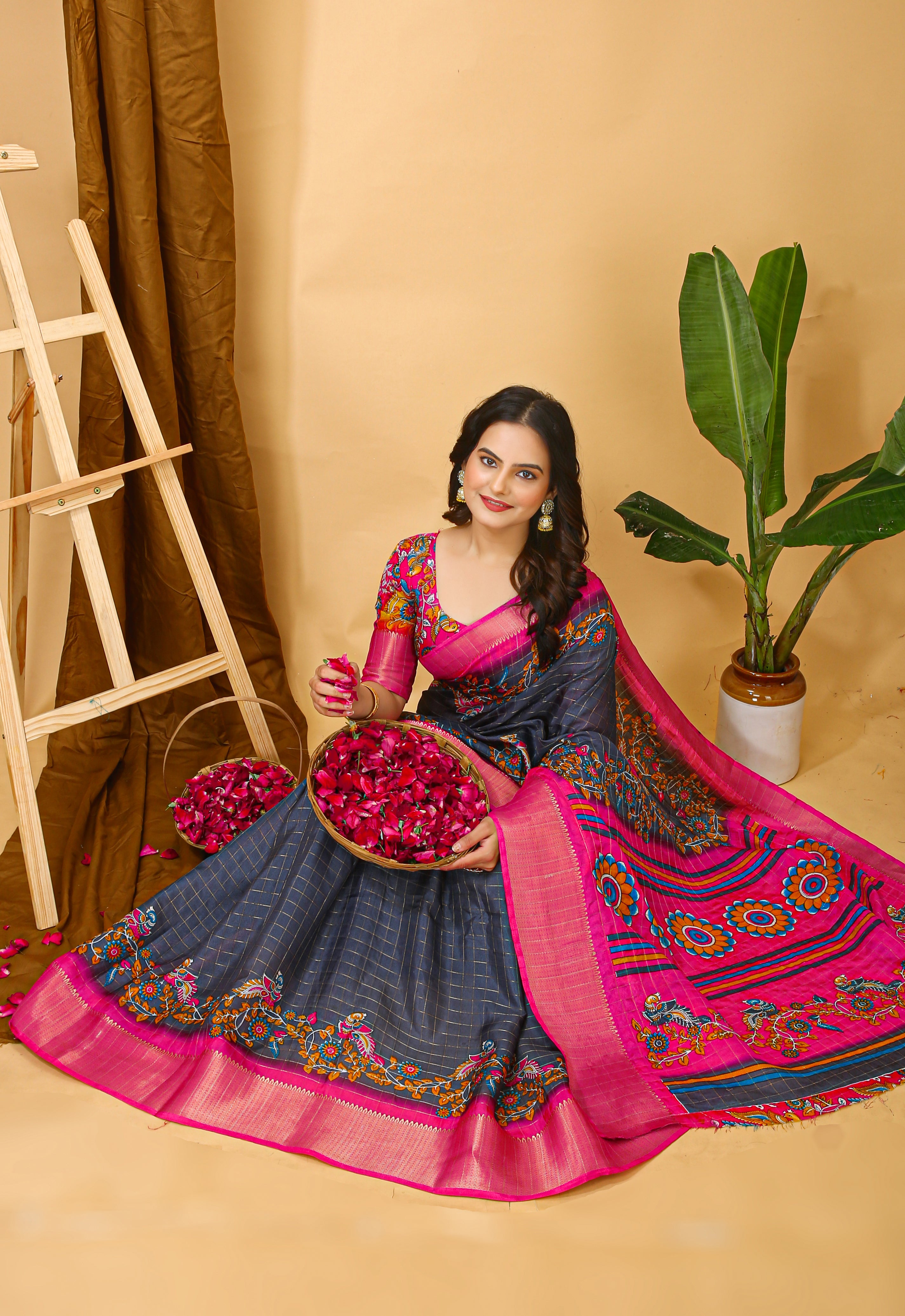 Rama Kalamkari Print Saree with Jacard Kanjivaram Zari Border & Pallu with Printed Blouse