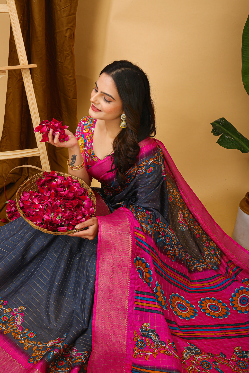 Rama Kalamkari Print Saree with Jacard Kanjivaram Zari Border & Pallu with Printed Blouse