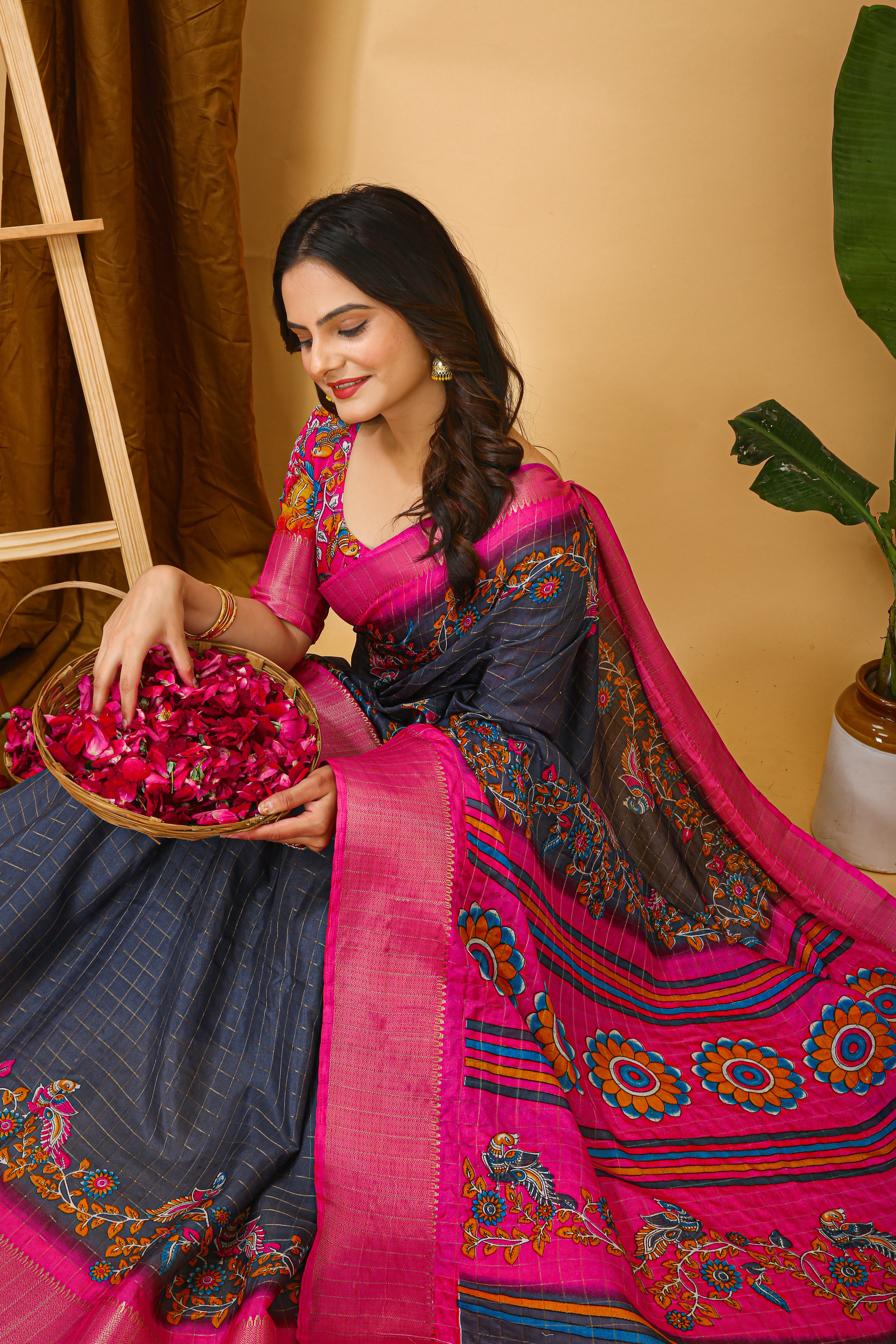 Rama Kalamkari Print Saree with Jacard Kanjivaram Zari Border & Pallu with Printed Blouse