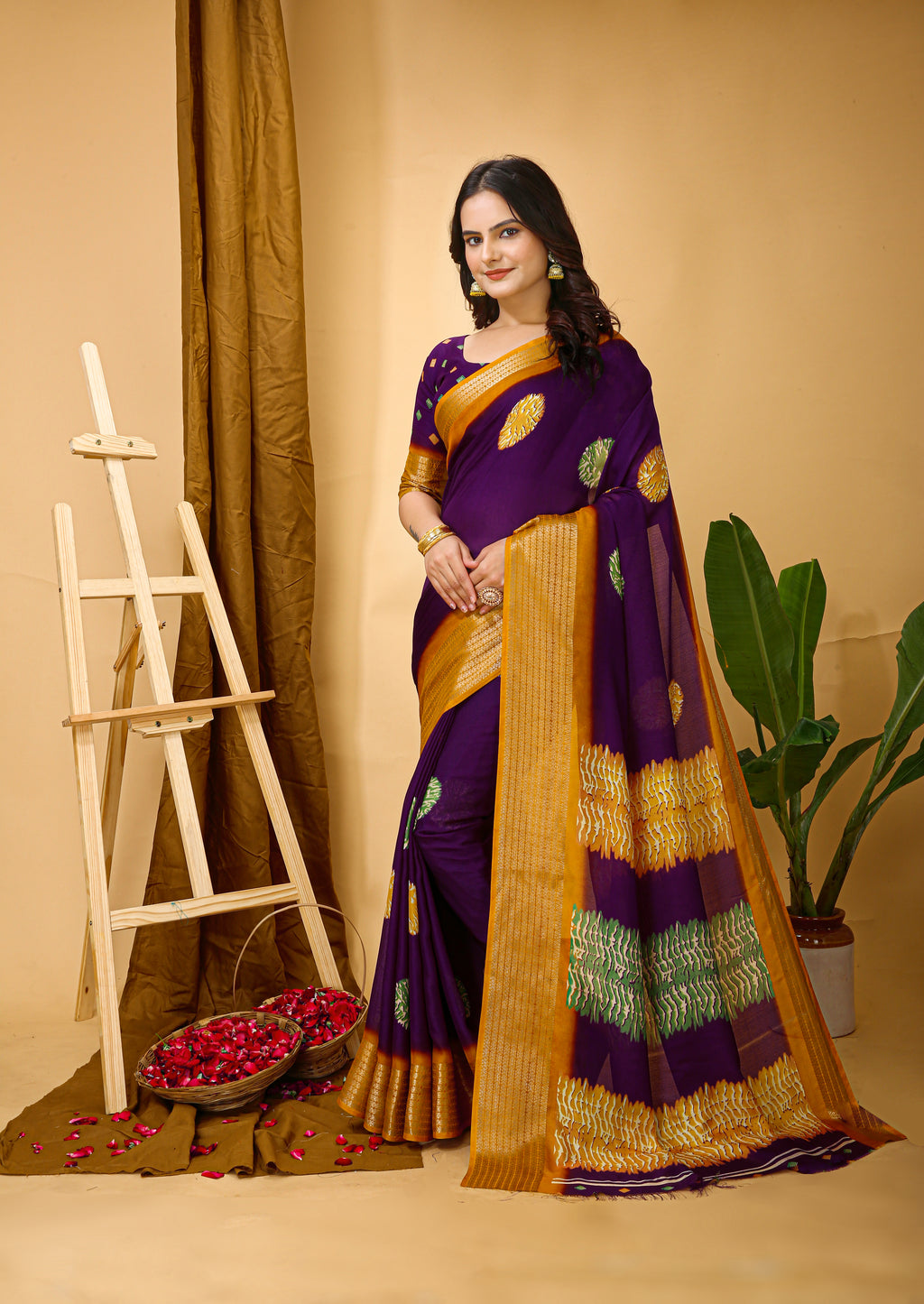 Purple Kalamkari Print Saree with Jacard Zari Border & Pallu With Printed Blouse