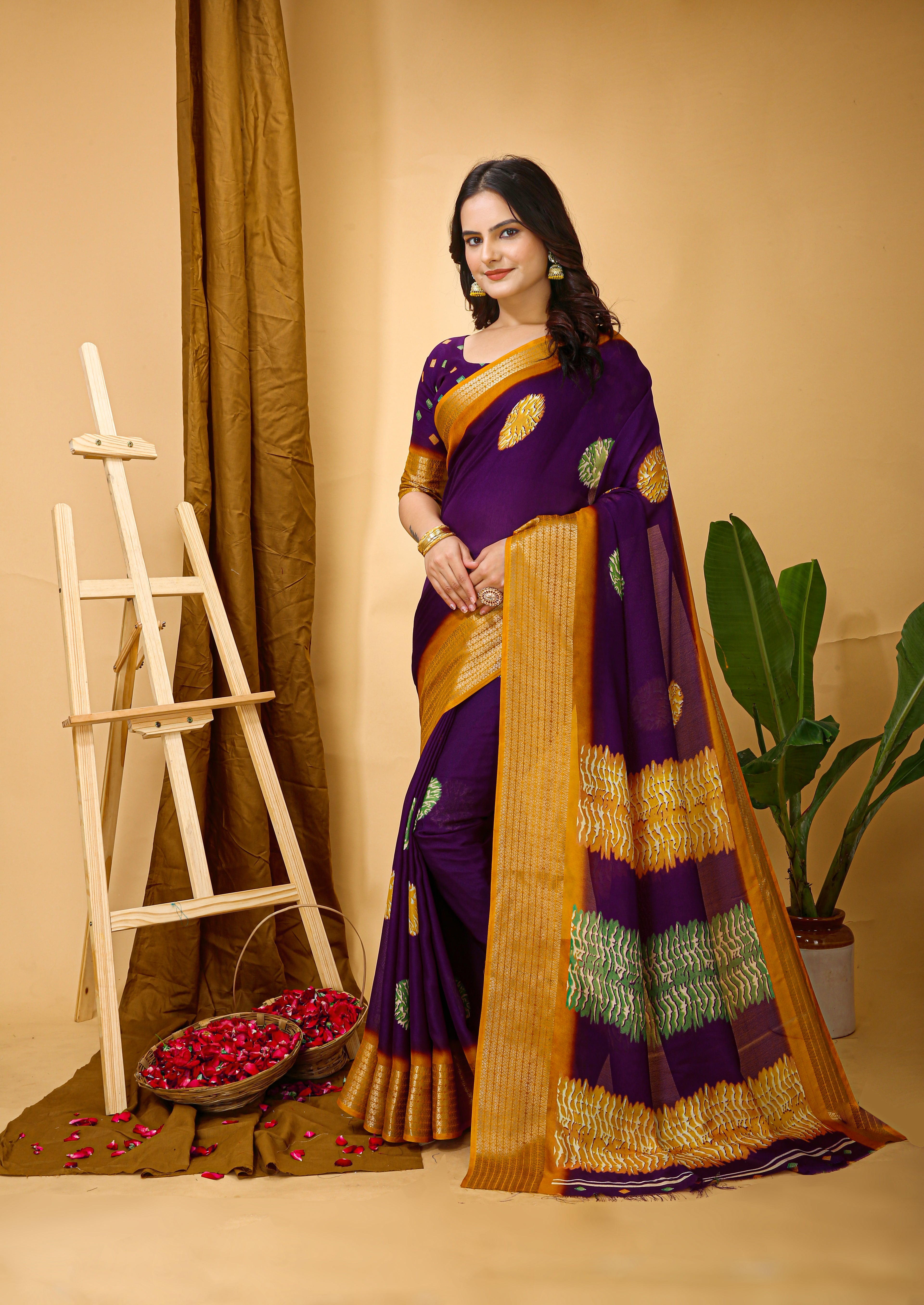 Purple Kalamkari Print Saree with Jacard Zari Border & Pallu With Printed Blouse