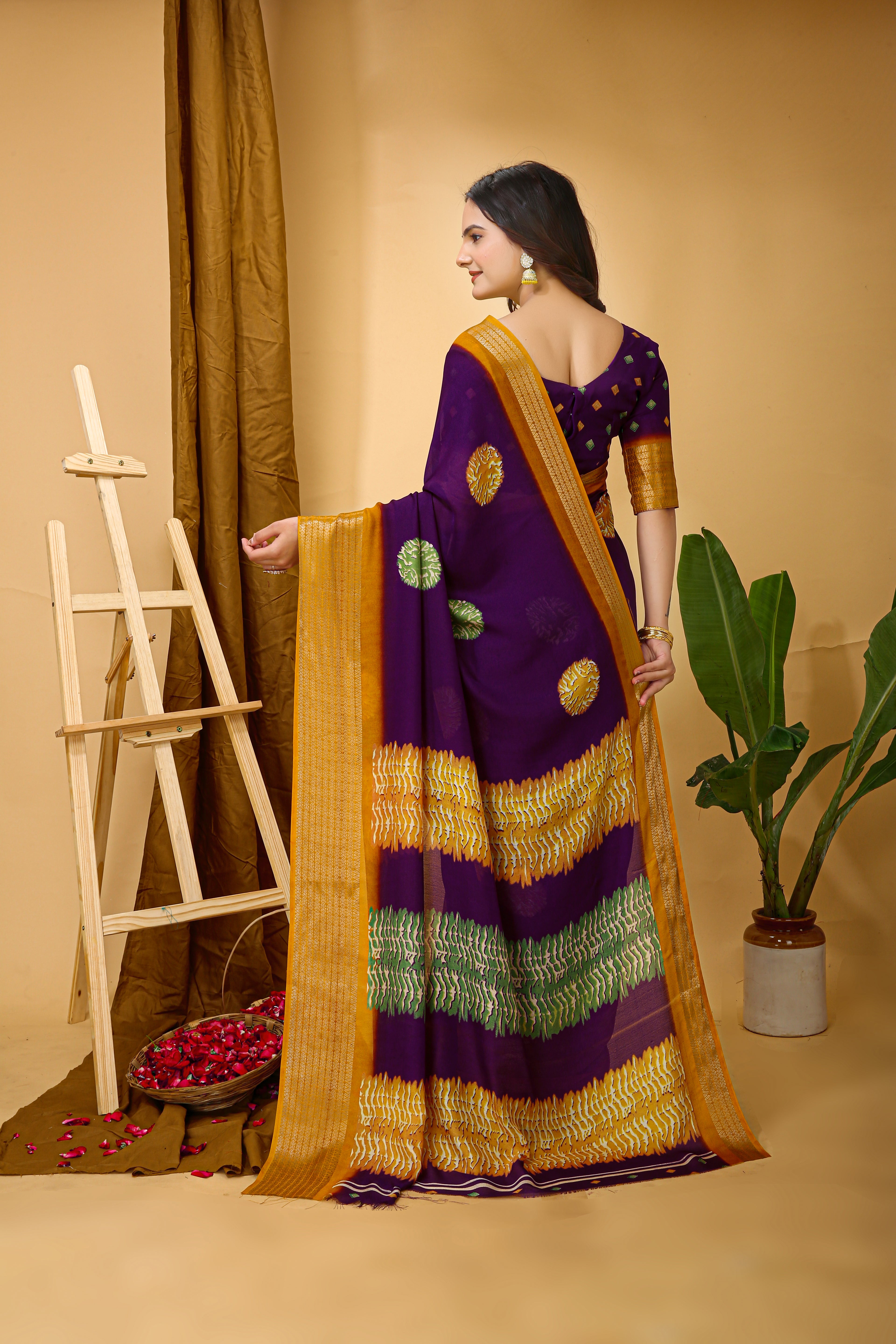 Purple Kalamkari Print Saree with Jacard Zari Border & Pallu With Printed Blouse