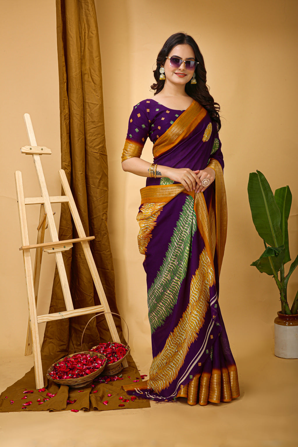 Purple Kalamkari Print Saree with Jacard Zari Border & Pallu With Printed Blouse