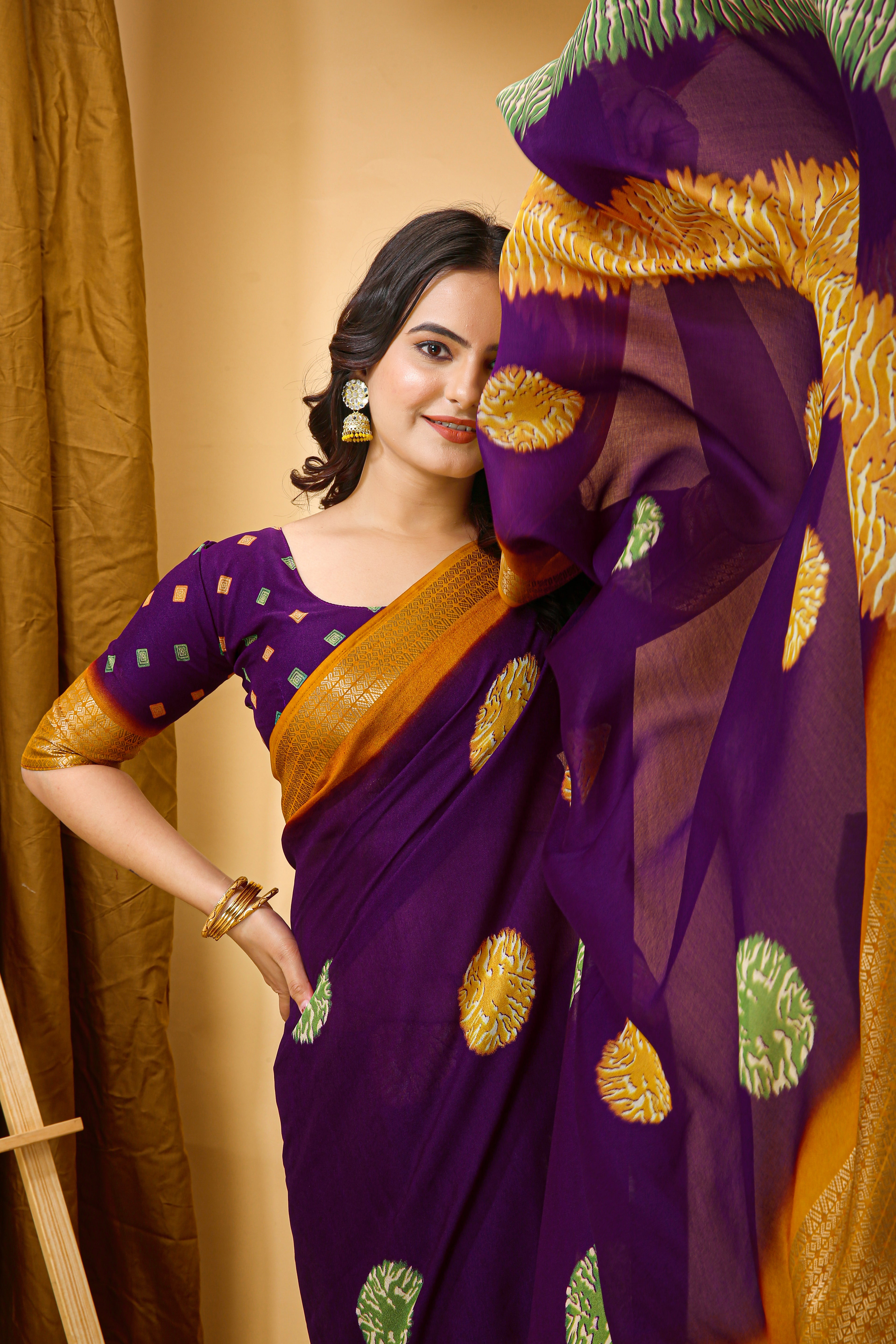 Purple Kalamkari Print Saree with Jacard Zari Border & Pallu With Printed Blouse