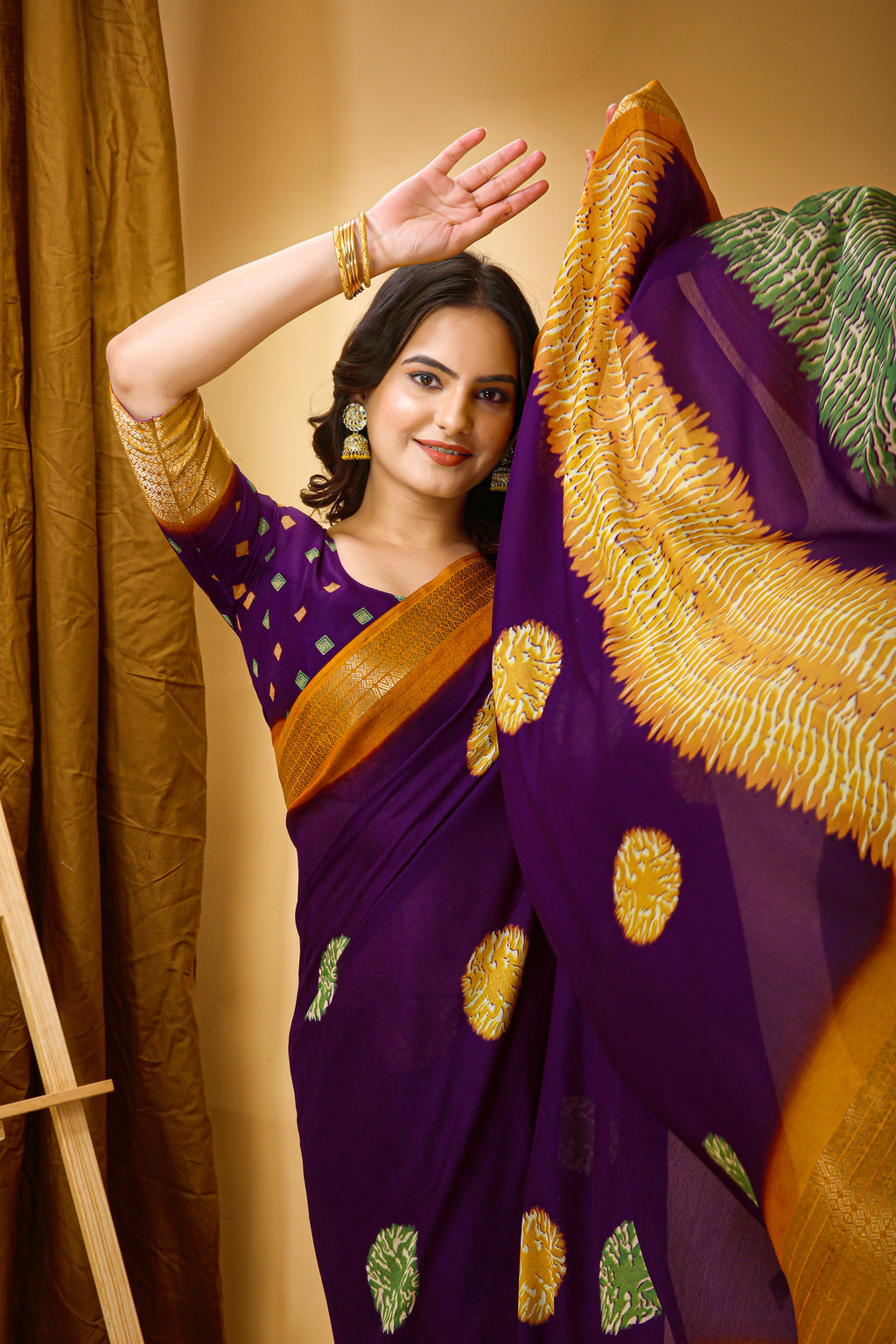 Purple Kalamkari Print Saree with Jacard Zari Border & Pallu With Printed Blouse