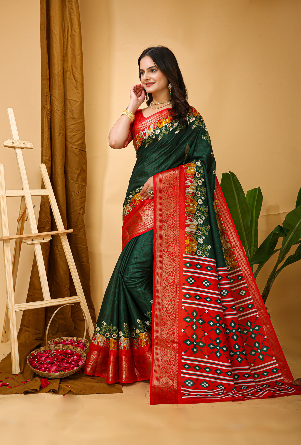Green Kalamkari Print Saree With Jacard Kanjivaram Zari Border & Pallu With Printed Blouse