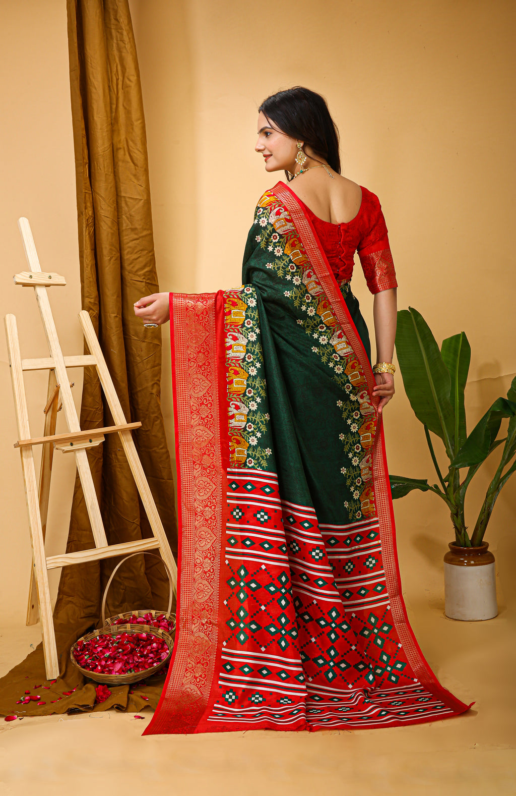Green Kalamkari Print Saree With Jacard Kanjivaram Zari Border & Pallu With Printed Blouse