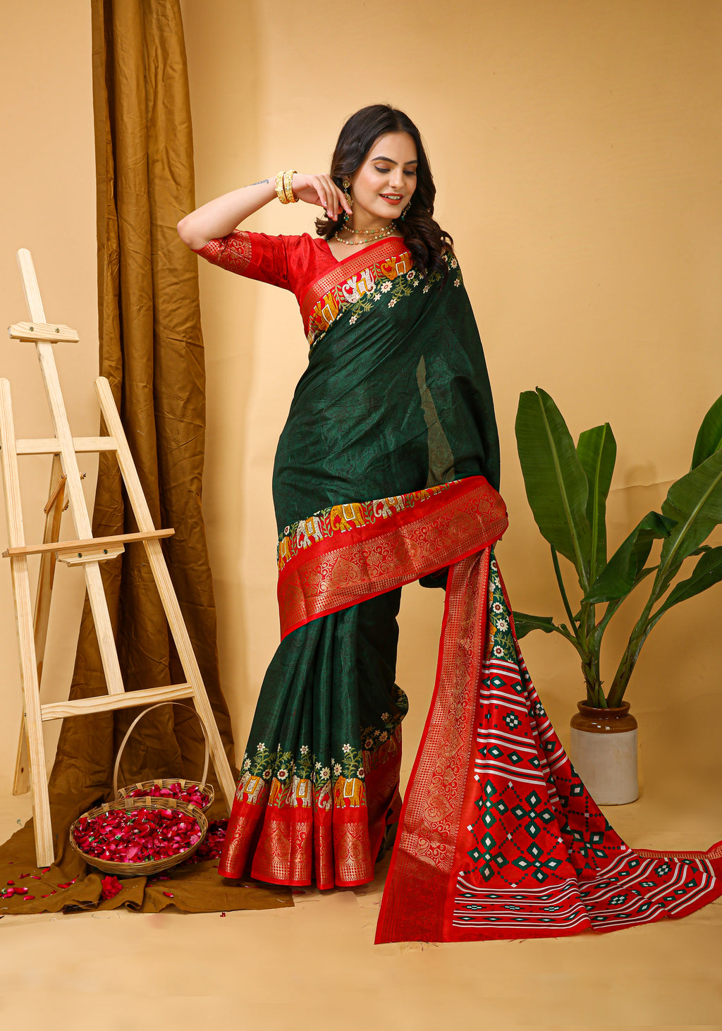 Green Kalamkari Print Saree With Jacard Kanjivaram Zari Border & Pallu With Printed Blouse