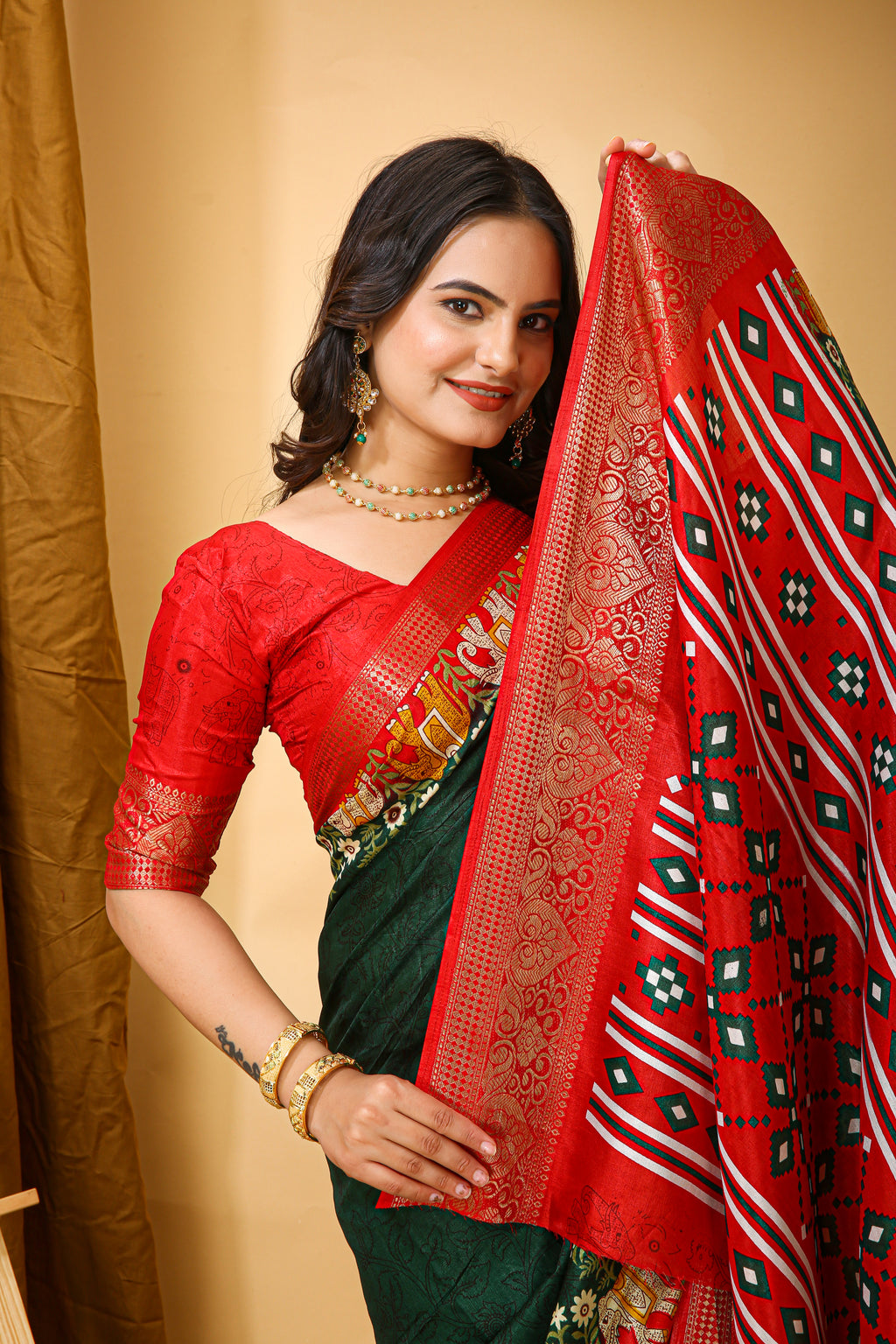 Green Kalamkari Print Saree With Jacard Kanjivaram Zari Border & Pallu With Printed Blouse