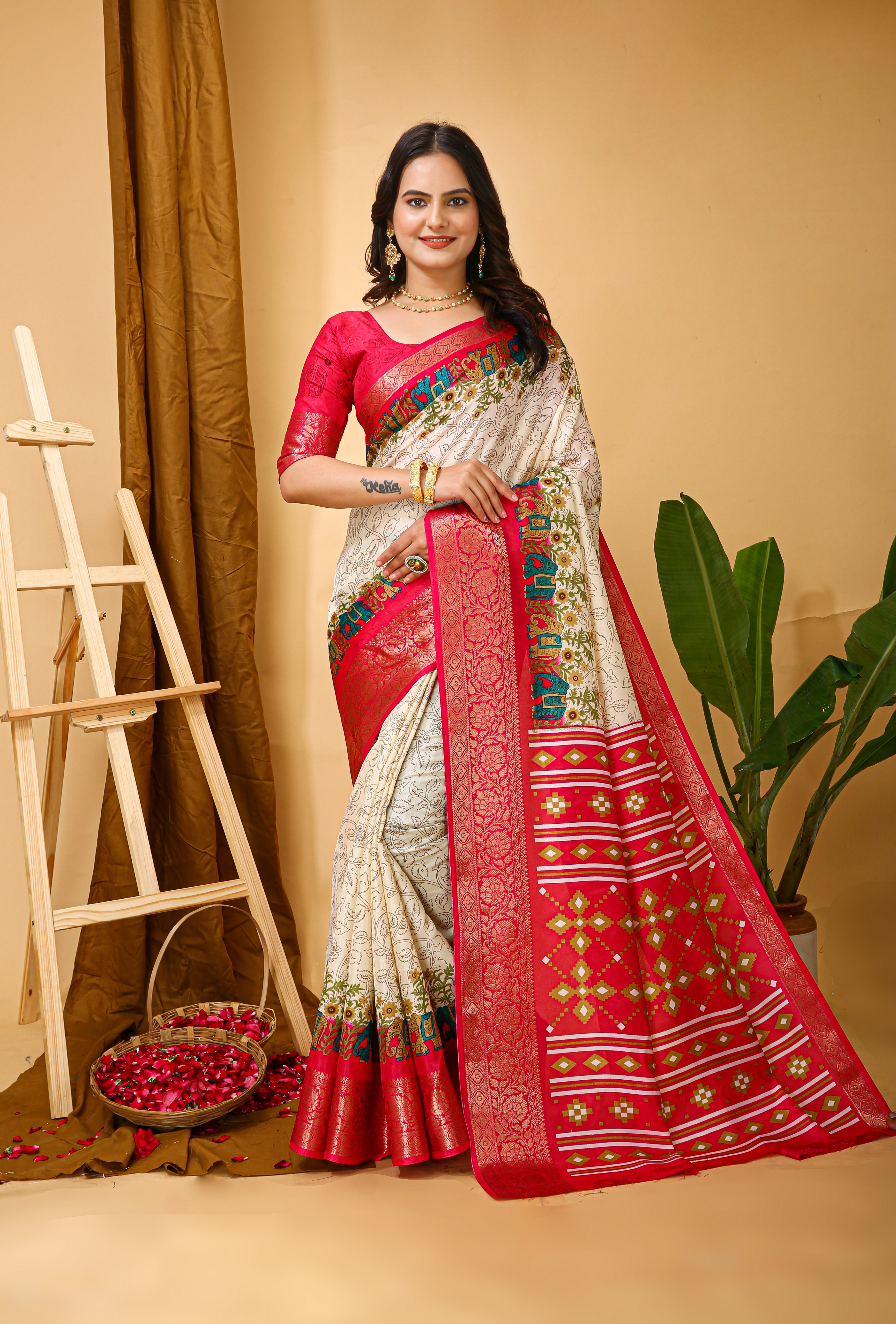 Navy Blue Kalamkari Print Saree With Jacard Kanjivaram Zari Border & Pallu With Printed Blouse