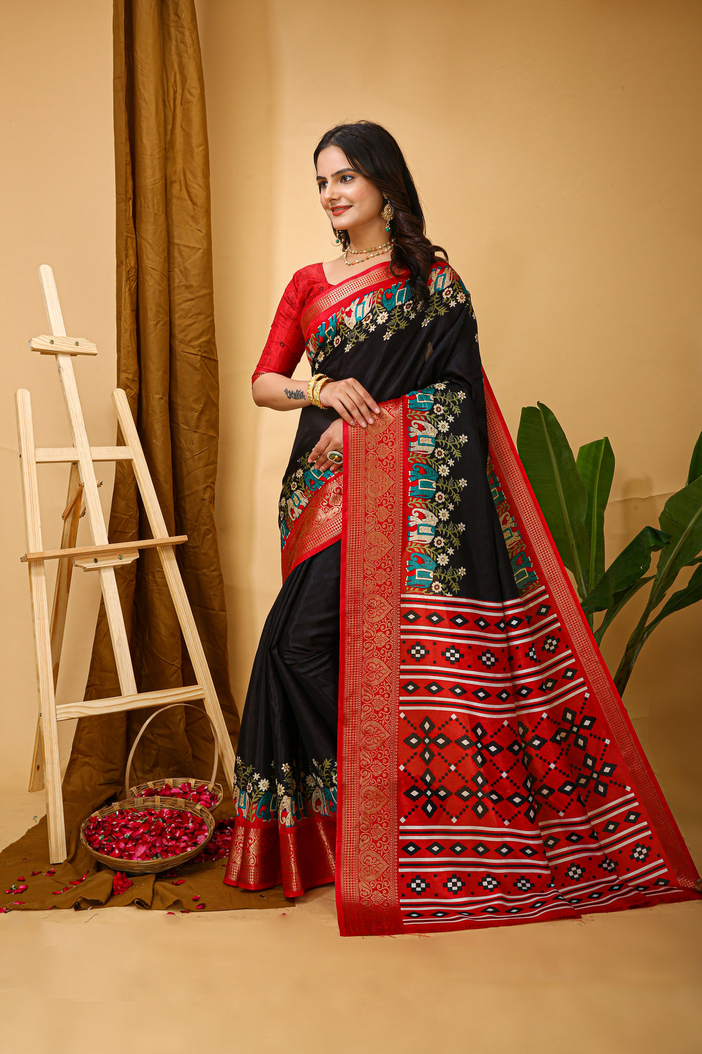 Black Kalamkari Print Saree With Jacard Kanjivaram Zari Border & Pallu With Printed Blouse