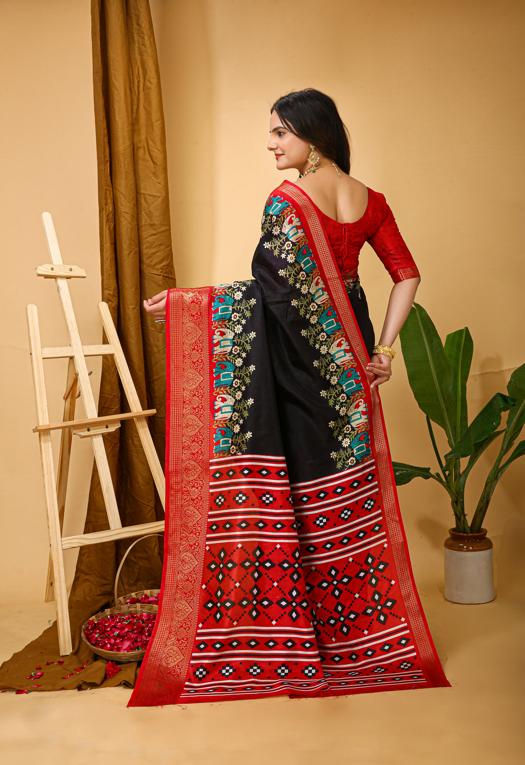 Black Kalamkari Print Saree With Jacard Kanjivaram Zari Border & Pallu With Printed Blouse