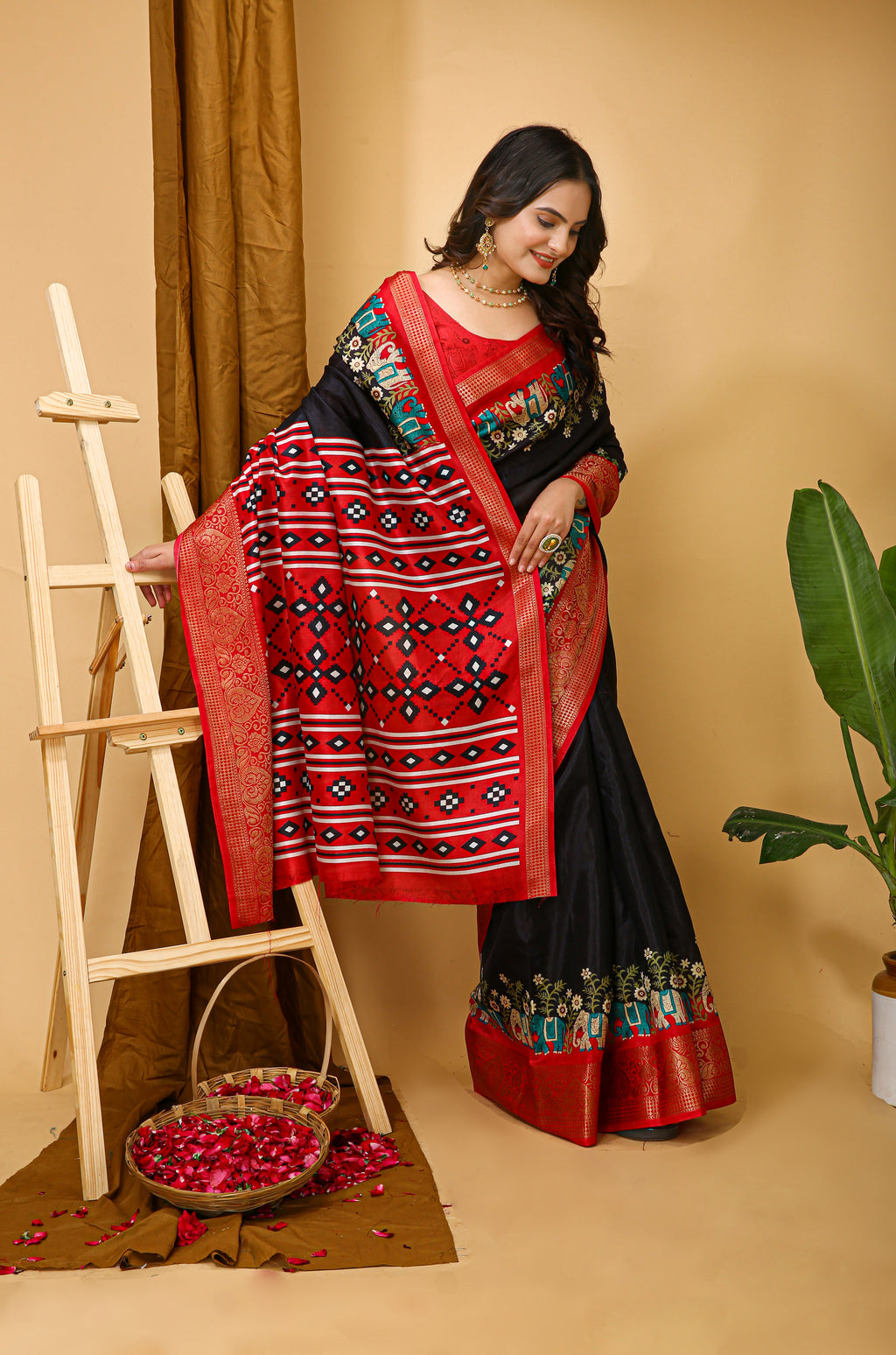 Black Kalamkari Print Saree With Jacard Kanjivaram Zari Border & Pallu With Printed Blouse
