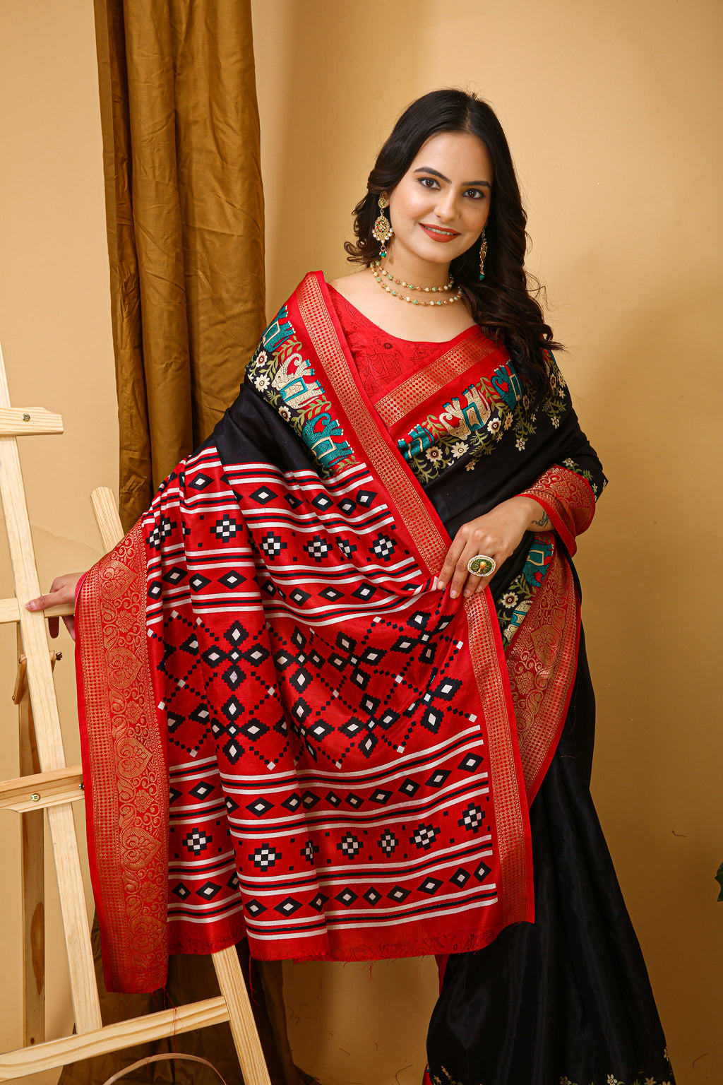 Black Kalamkari Print Saree With Jacard Kanjivaram Zari Border & Pallu With Printed Blouse
